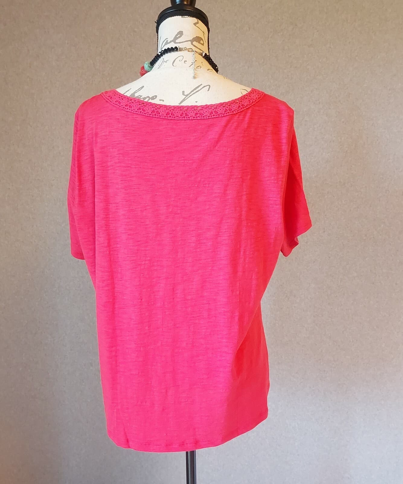 Talbots Lace Trim Square Neck Knit Top Short Sleeve Cotton Blend Red Women XL - Thumbnail 6