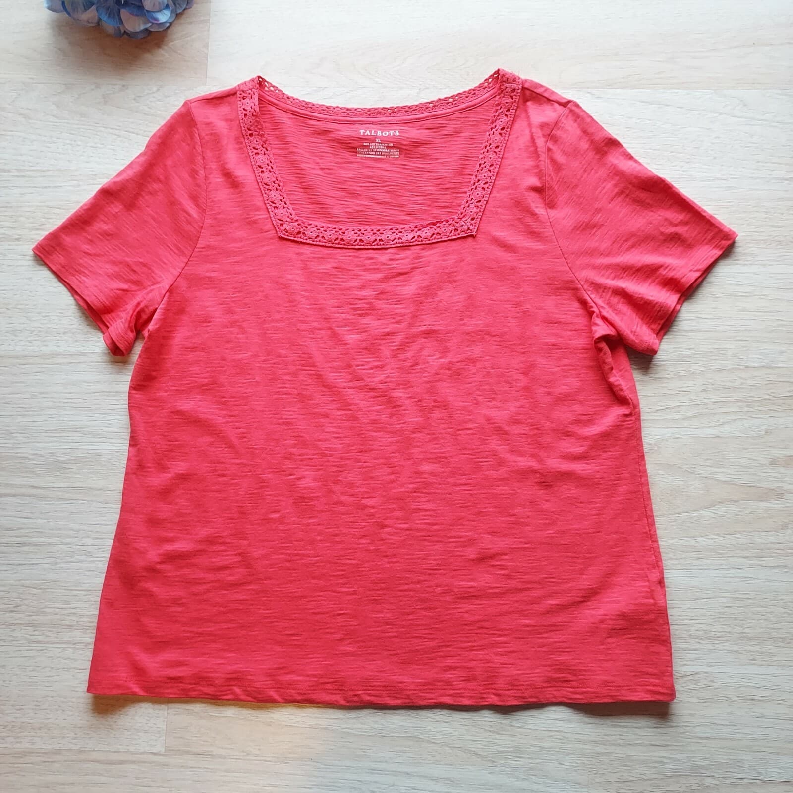 Talbots Lace Trim Square Neck Knit Top Short Sleeve Cotton Blend Red Women XL - Thumbnail 2