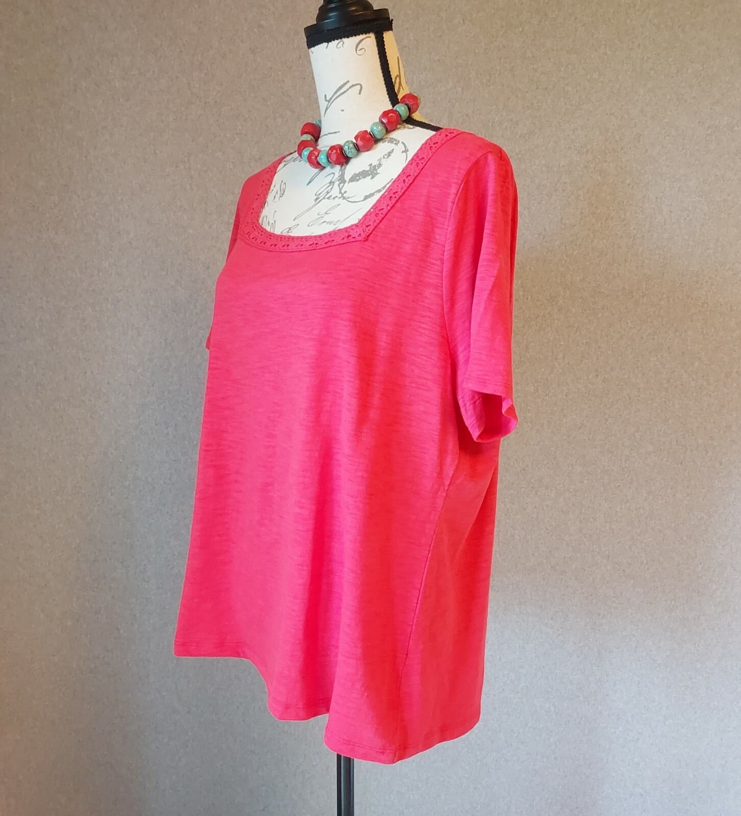Talbots Lace Trim Square Neck Knit Top Short Sleeve Cotton Blend Red Women XL - Thumbnail 5