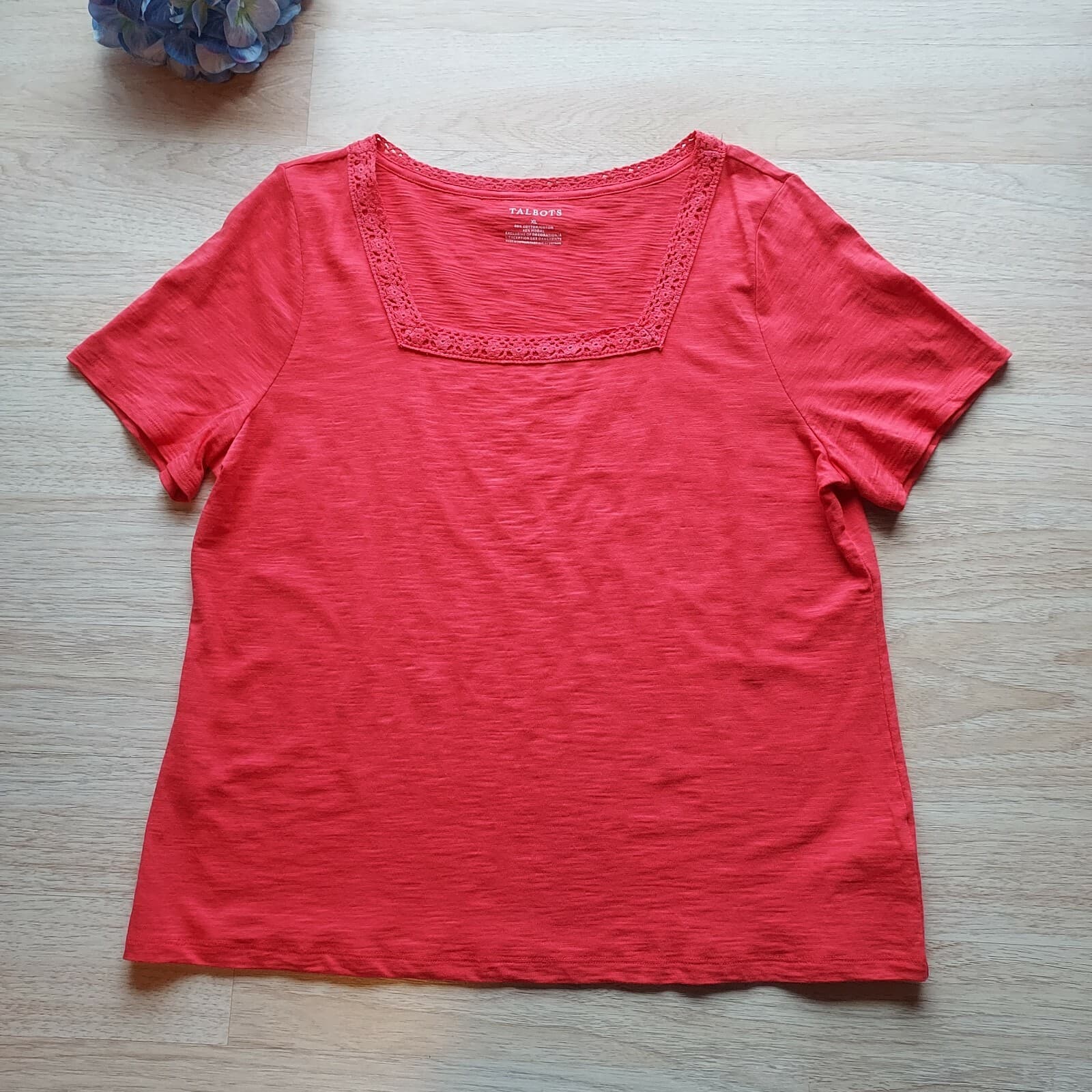 Talbots Lace Trim Square Neck Knit Top Short Sleeve Cotton Blend Red Women XL - Thumbnail 7