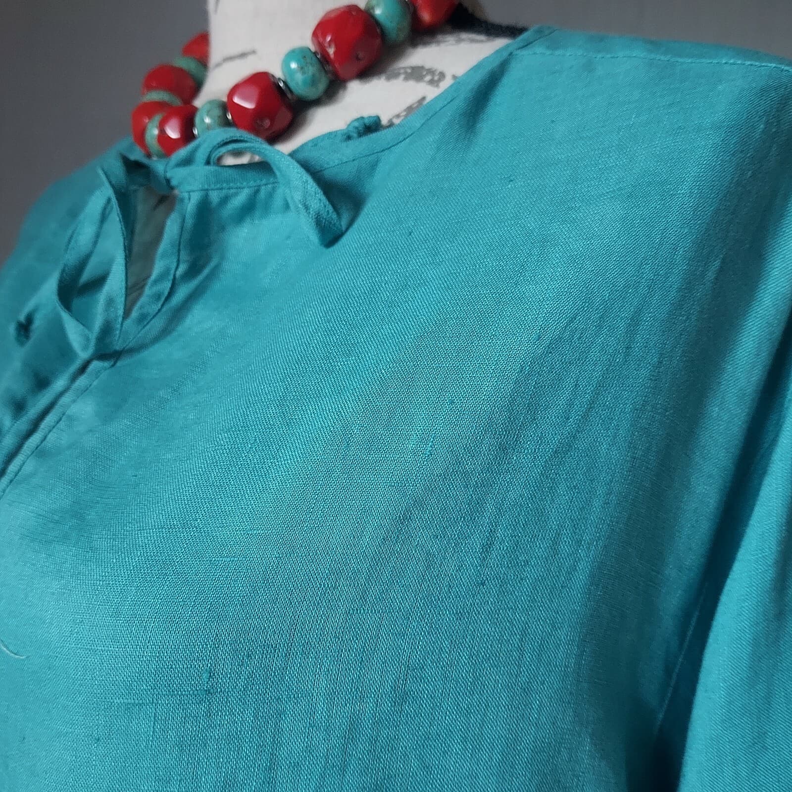 Vintage J.Crew Linen Tunic Top Long Sleeve Blue-Green Women M Made in Hong Kong - Thumbnail 2
