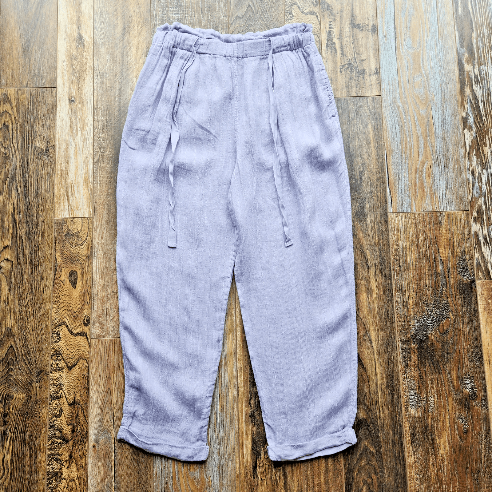 Free People Only Over You 100% Linen Paper-Bag Pants Elastic Waist Lavender Sz.M