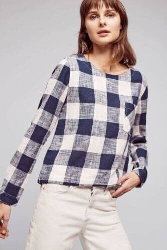 Cloth & Stone Anthropologie Plaid Linen Blend Back Button Popover Top Blue Sz.S - Thumbnail 3