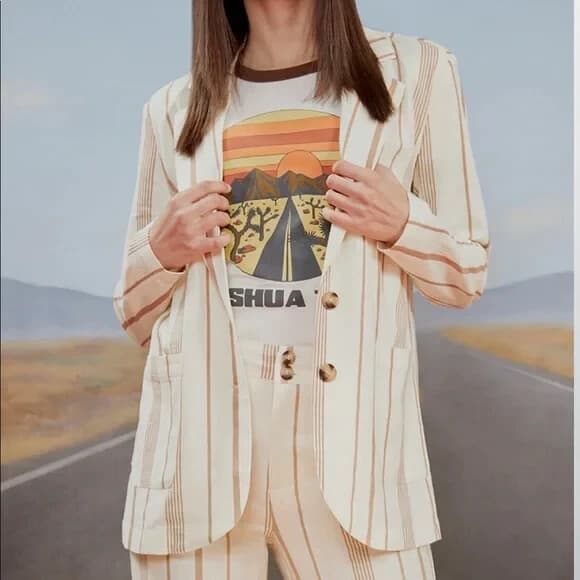 Modcloth New Opportunity 2 Piece Linen-Blend Blazer Pants Set Stripe Beige M-12 - Thumbnail 3