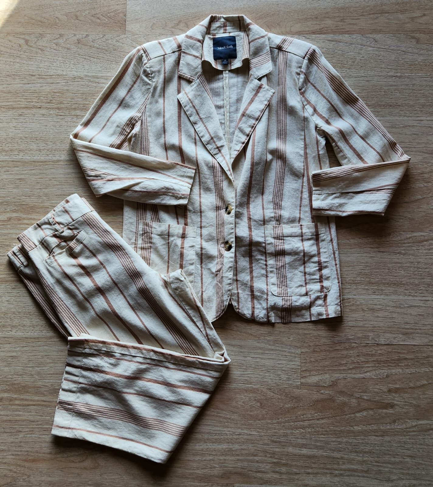 Modcloth New Opportunity 2 Piece Linen-Blend Blazer Pants Set Stripe Beige M-12 - Thumbnail 9