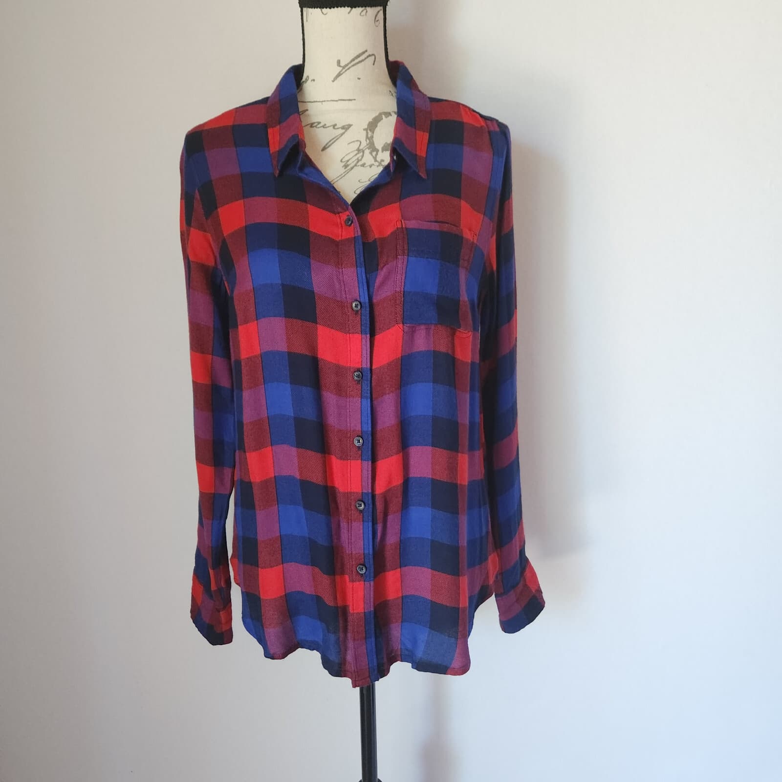 Lucky Brand Flannel Plaid Button-Up Shirt Back Split-Button Red Blue Women's M - Thumbnail 3