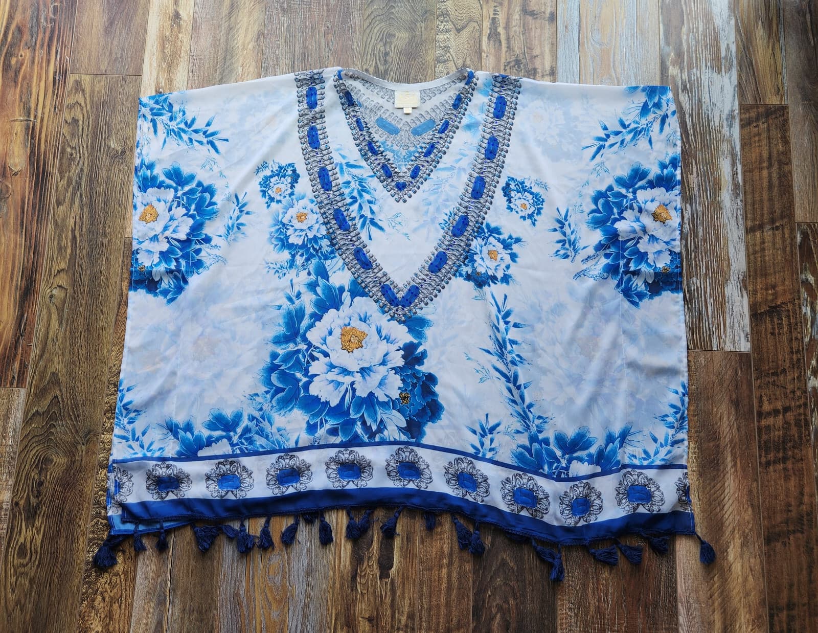 ASA Kaftans Beaded Jewel Caftan Top Tassel-Hem V-Neck Chiffon Blue White Sz.XXL - Thumbnail 5