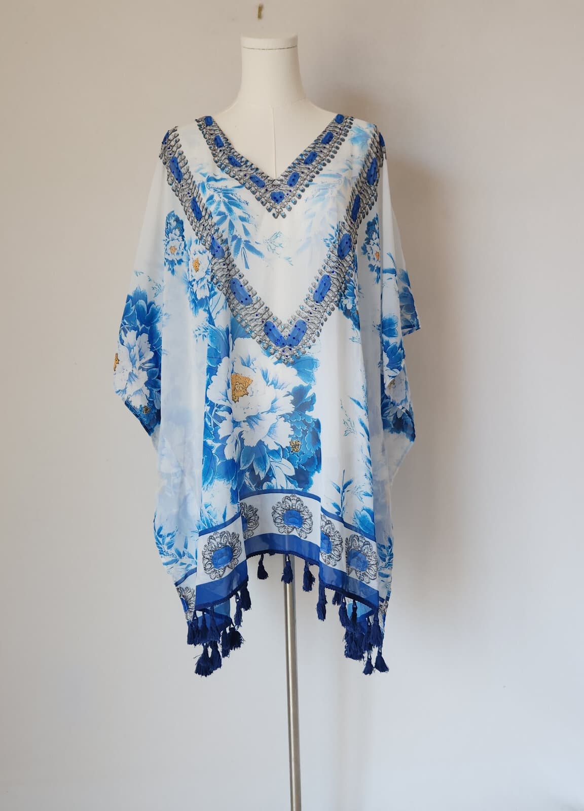 ASA Kaftans Beaded Jewel Caftan Top Tassel-Hem V-Neck Chiffon Blue White Sz.XXL