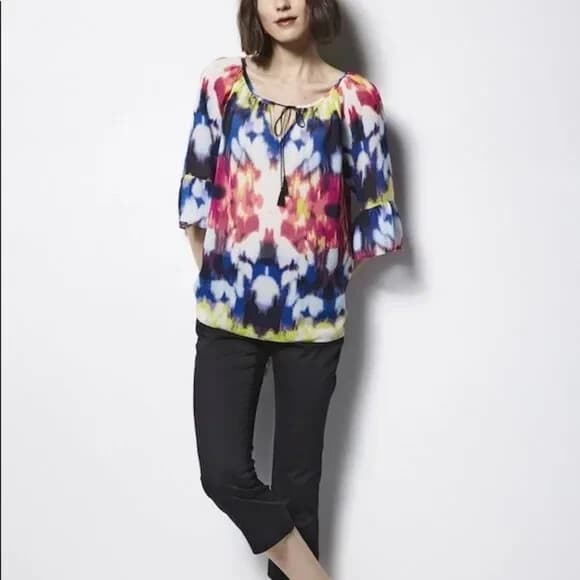 MILLY Sashgu Bogainvilles Ikat Chiffon Bell Sleeve Top Tassel Multicolor Women L - Thumbnail 4