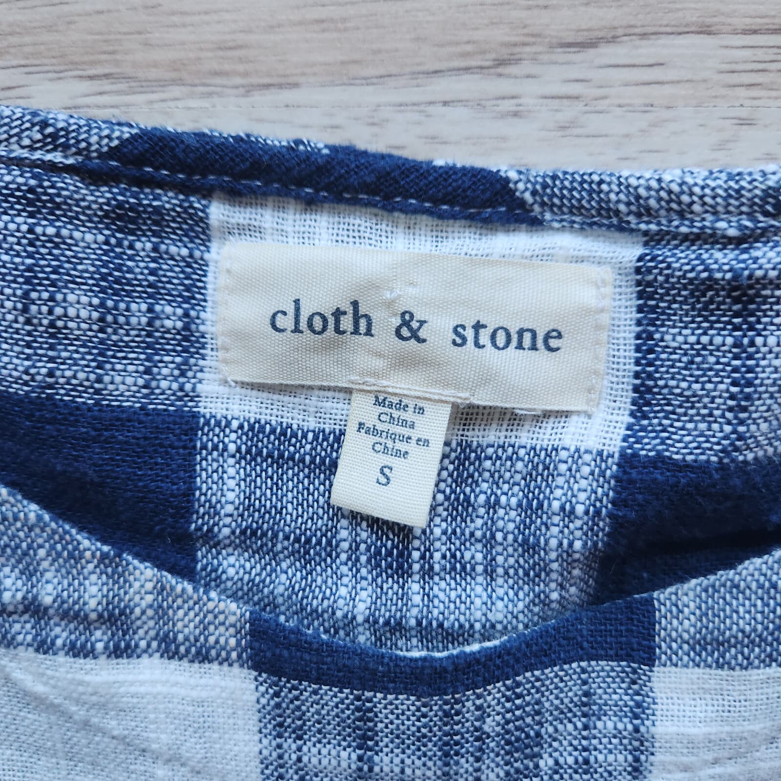 Cloth & Stone Anthropologie Plaid Linen Blend Back Button Popover Top Blue Sz.S - Thumbnail 8