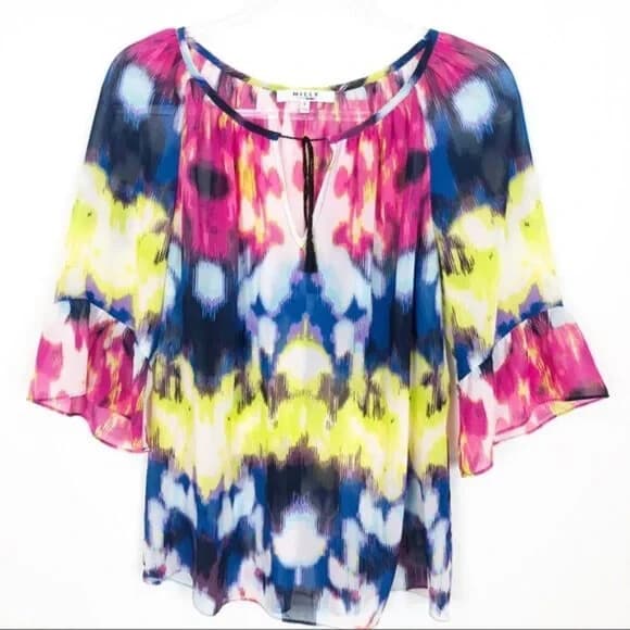 MILLY Sashgu Bogainvilles Ikat Chiffon Bell Sleeve Top Tassel Multicolor Women L - Thumbnail 2