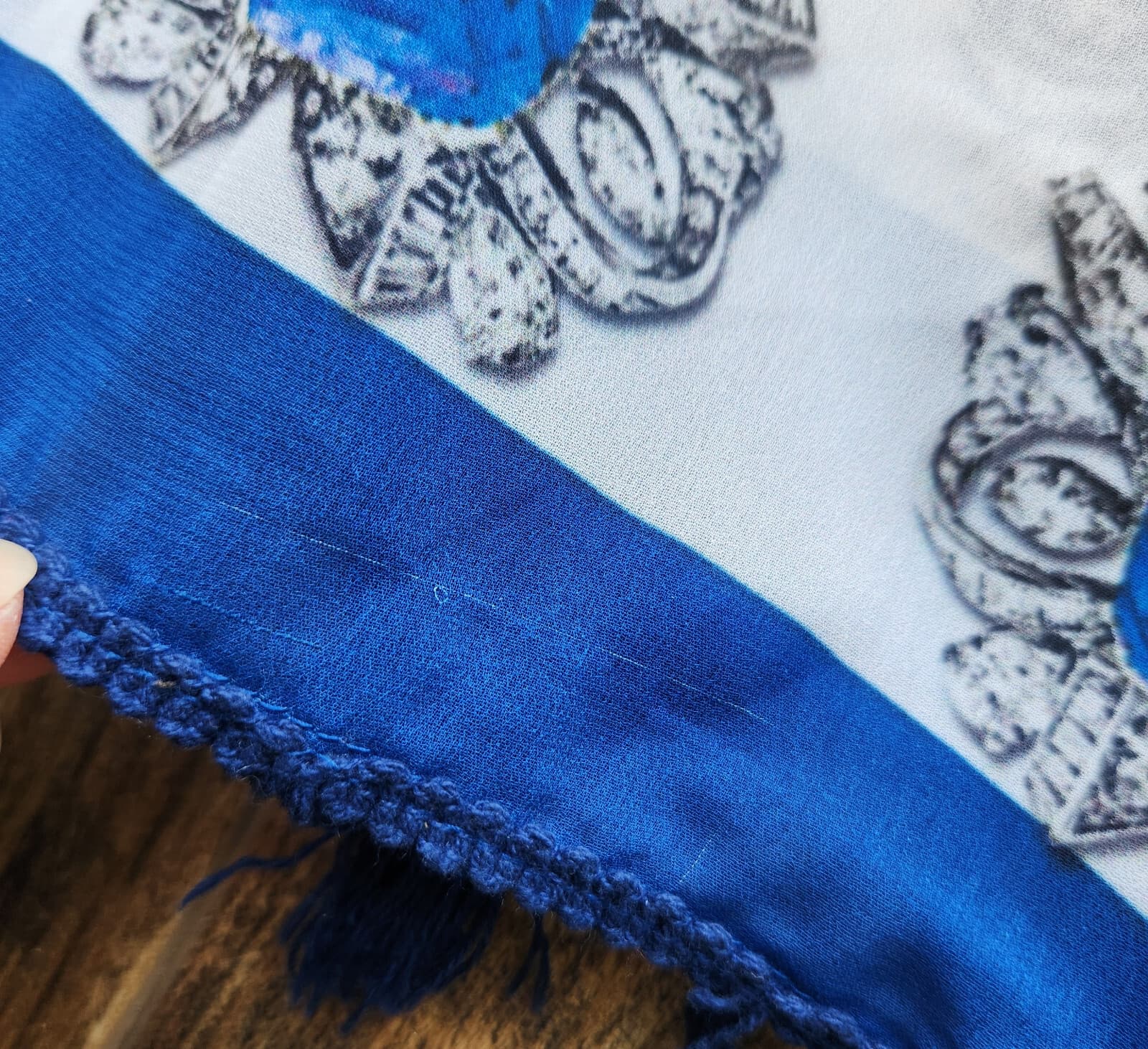 ASA Kaftans Beaded Jewel Caftan Top Tassel-Hem V-Neck Chiffon Blue White Sz.XXL - Thumbnail 12