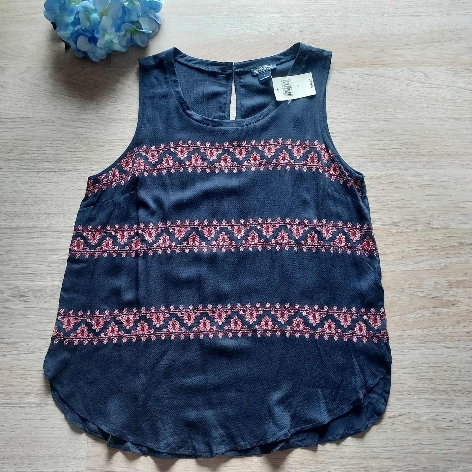 NWT Lucky Brand Floral Embroidered Tunic Top Sleeveless Navy Blue Women Sz.L $60 - Thumbnail 2