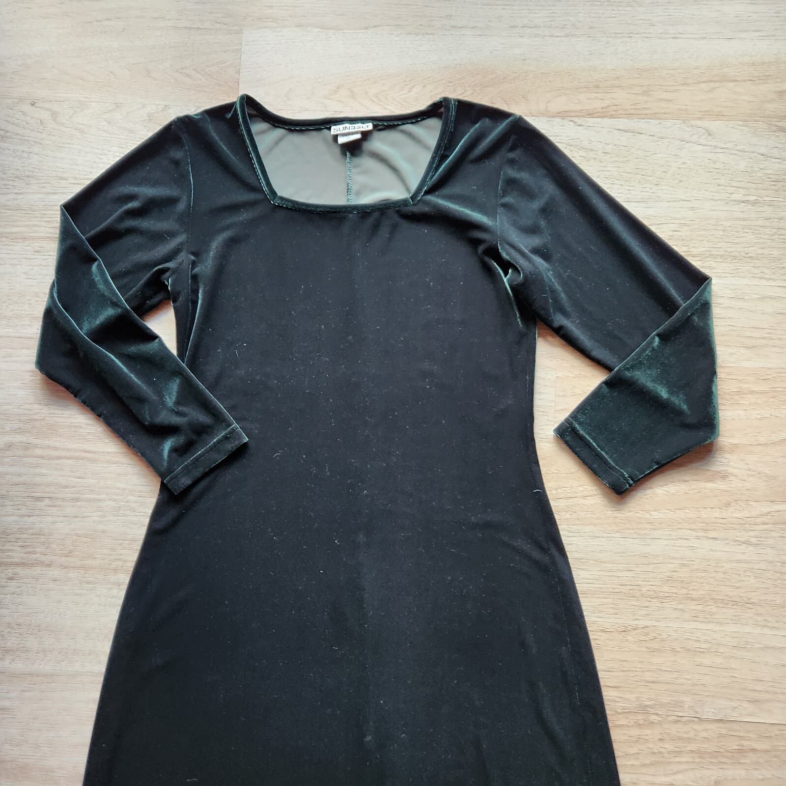 Vintage Sunbelt Made in USA Green Velvet Maxi Shift Dress Square Neck Sz.M - Thumbnail 7