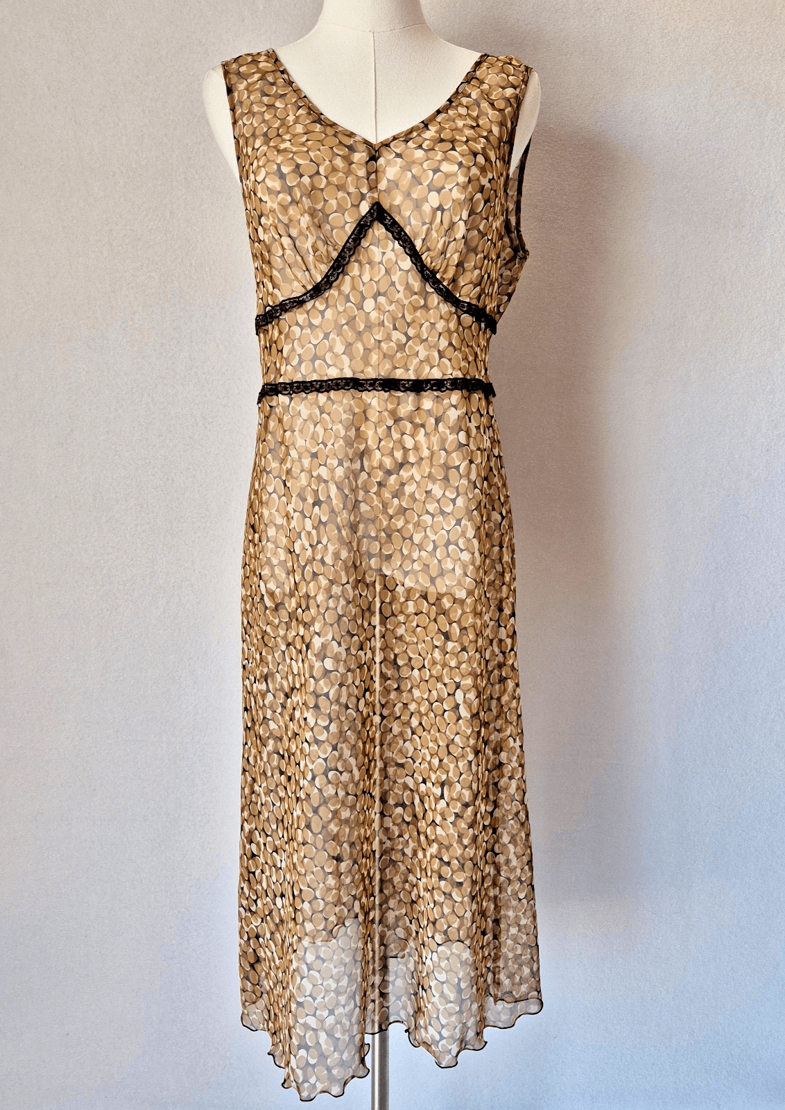 Vintage Y2K Meghan Matthews Sheer Chiffon Lace Trim Midi Dress Sleeveless Sz.10