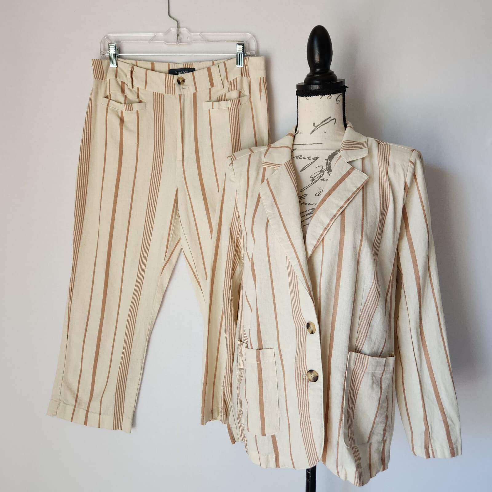 Modcloth New Opportunity 2 Piece Linen-Blend Blazer Pants Set Stripe Beige M-12 - Thumbnail 2