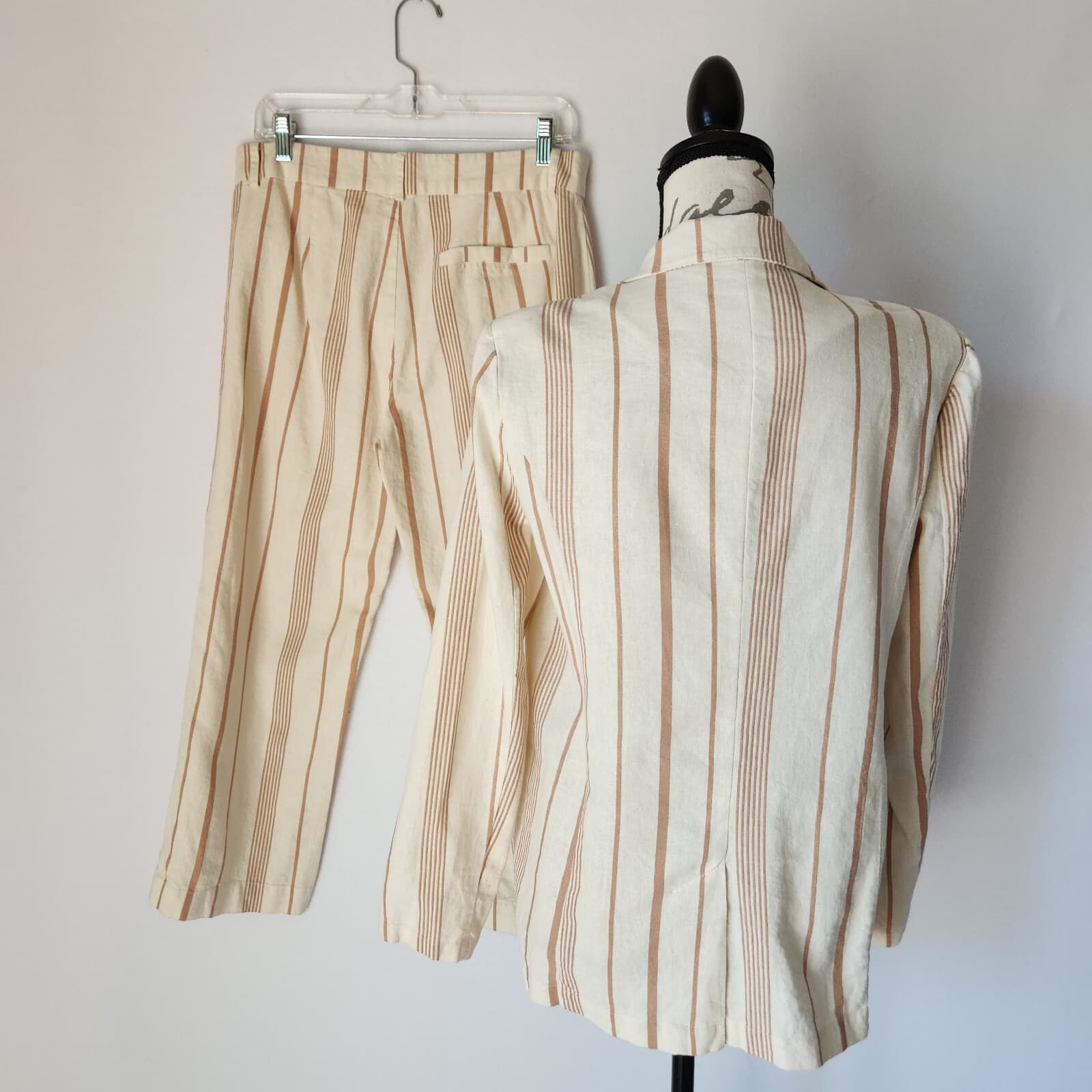 Modcloth New Opportunity 2 Piece Linen-Blend Blazer Pants Set Stripe Beige M-12 - Thumbnail 7