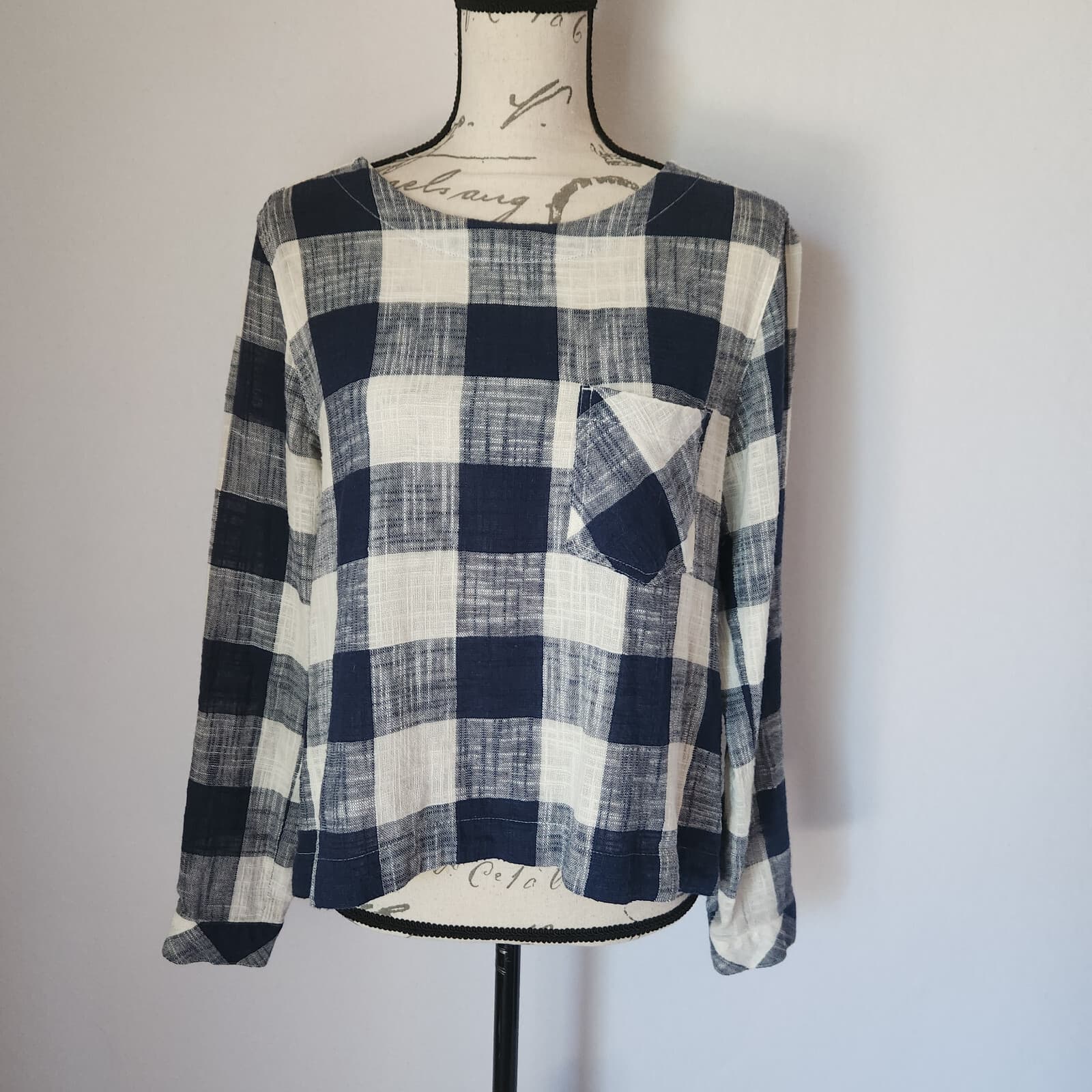 Cloth & Stone Anthropologie Plaid Linen Blend Back Button Popover Top Blue Sz.S - Thumbnail 5