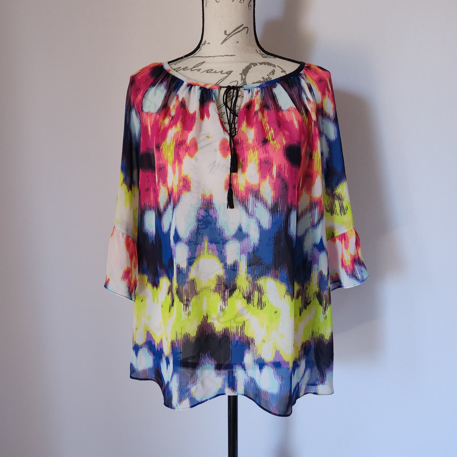 MILLY Sashgu Bogainvilles Ikat Chiffon Bell Sleeve Top Tassel Multicolor Women L - Thumbnail 5