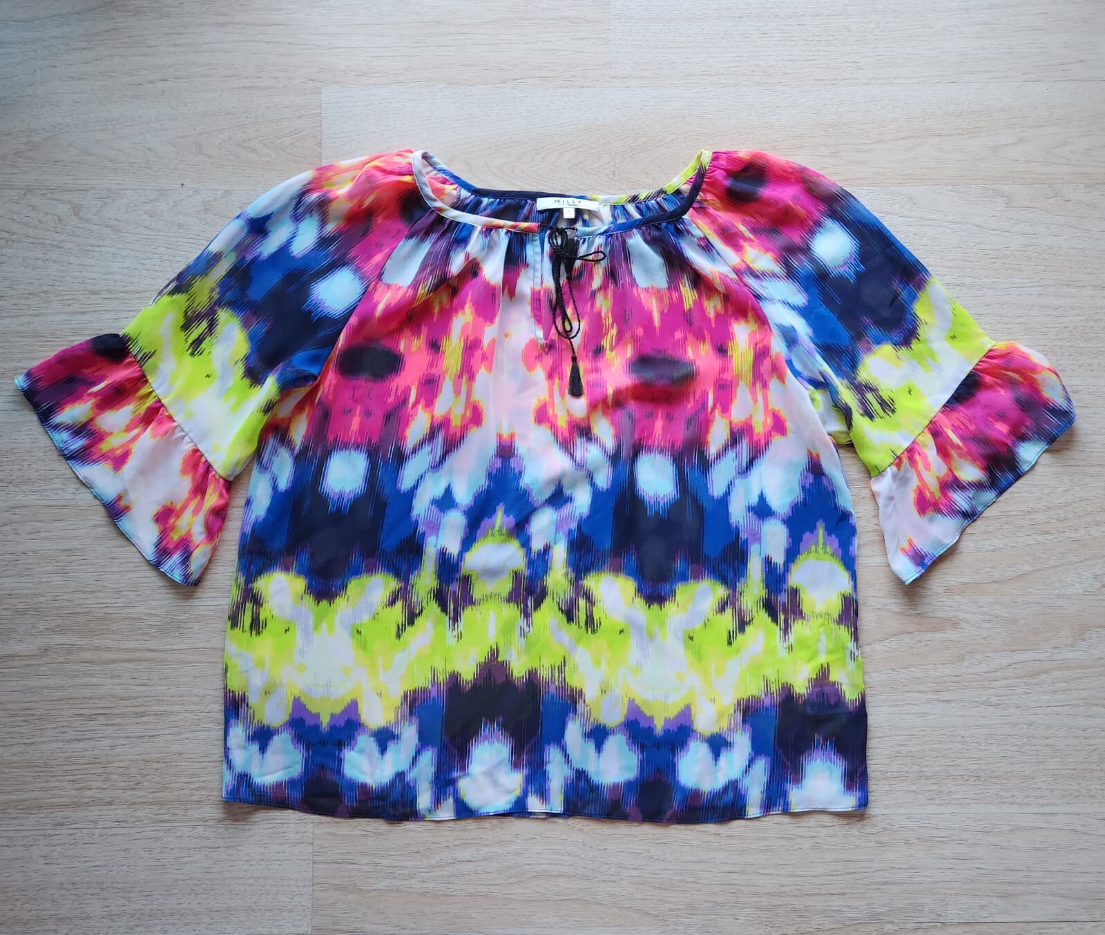 MILLY Sashgu Bogainvilles Ikat Chiffon Bell Sleeve Top Tassel Multicolor Women L - Thumbnail 3