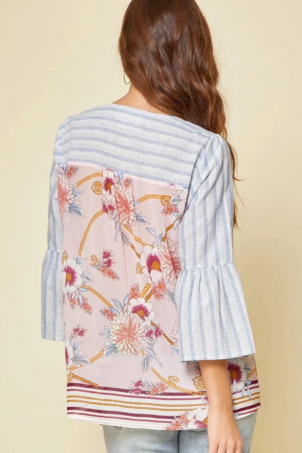 EUC Savanna Jane Embroidered Floral Stripe Popover Top 3/4 Bell Sleeve Blue Sz.S - Thumbnail 7
