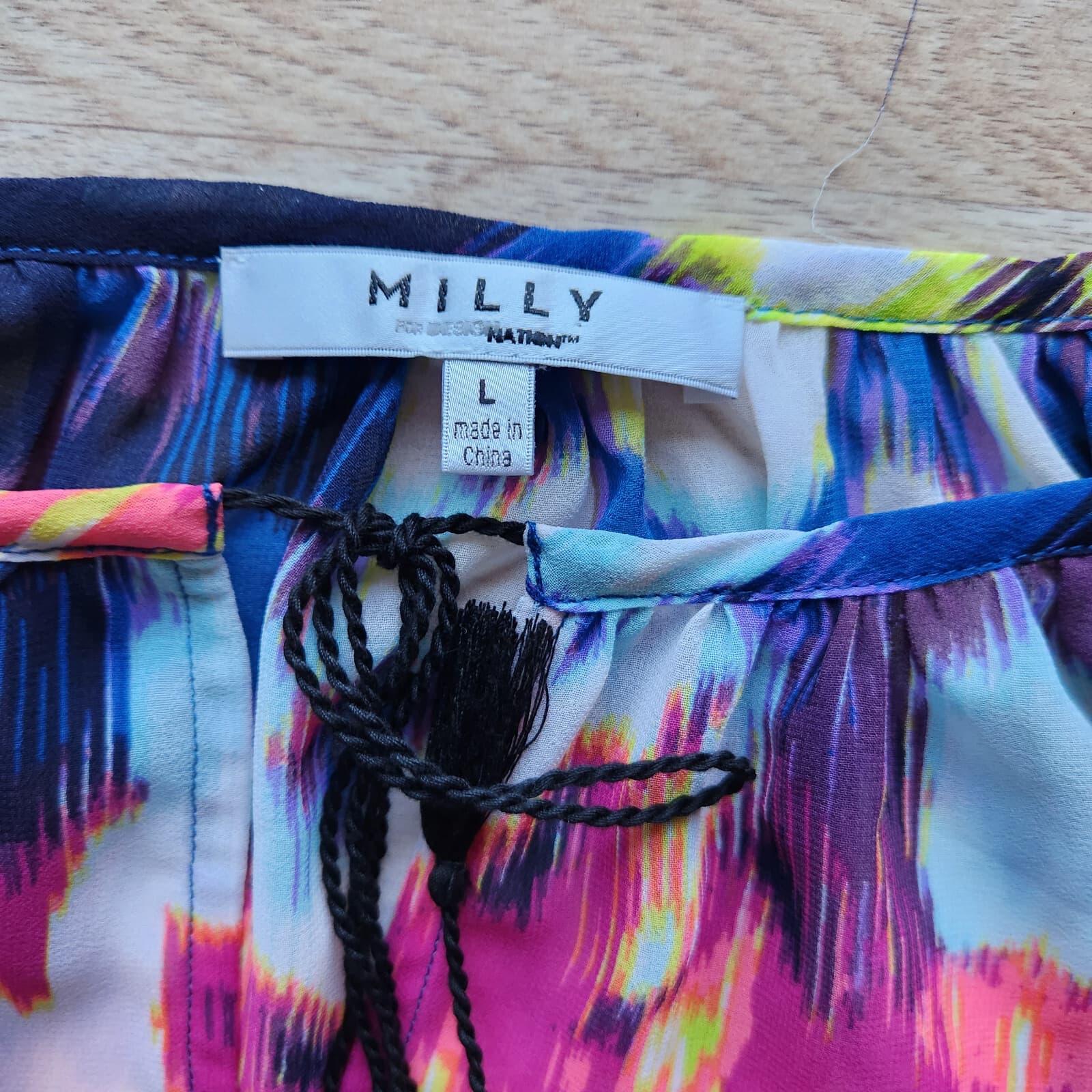 MILLY Sashgu Bogainvilles Ikat Chiffon Bell Sleeve Top Tassel Multicolor Women L - Thumbnail 8