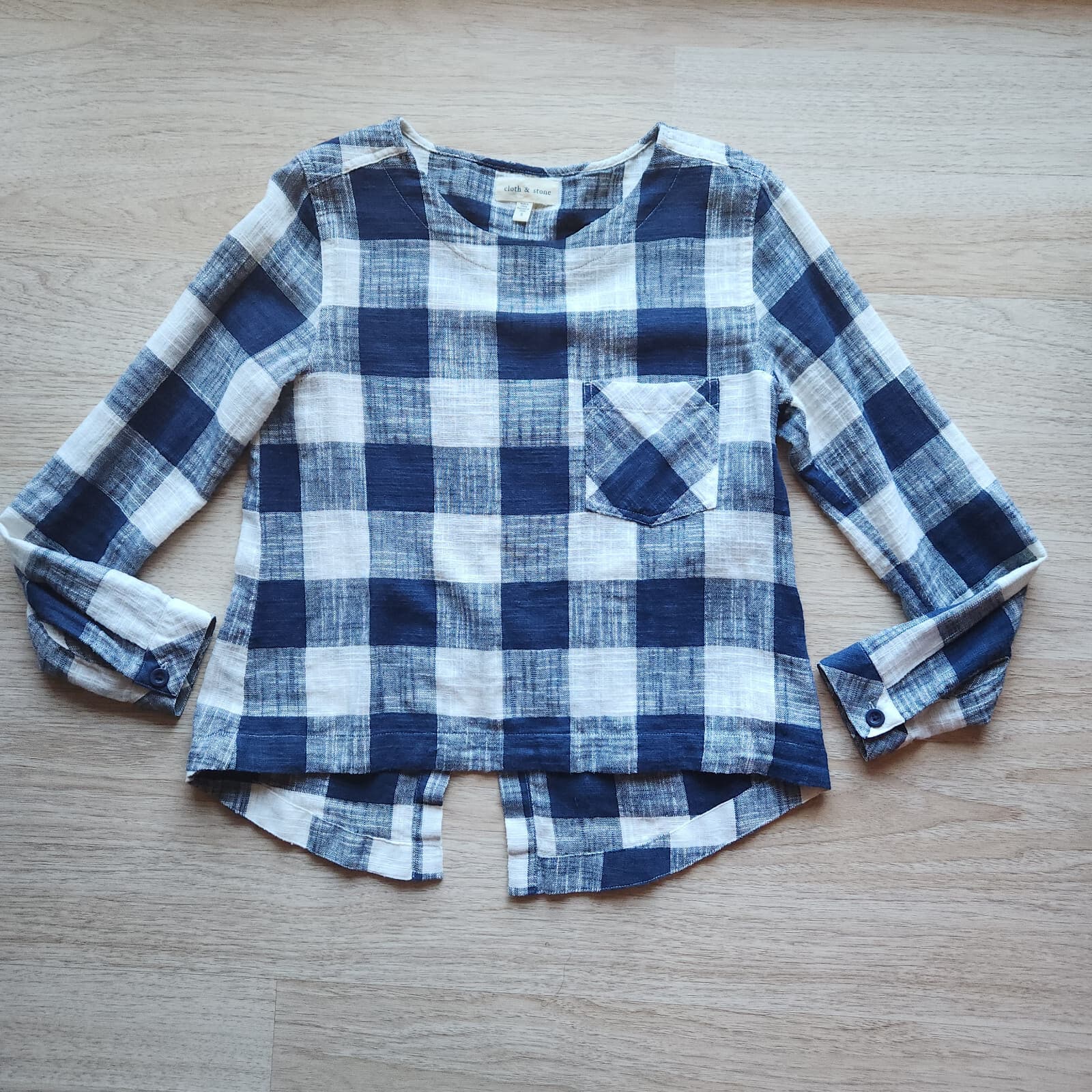 Cloth & Stone Anthropologie Plaid Linen Blend Back Button Popover Top Blue Sz.S - Thumbnail 4