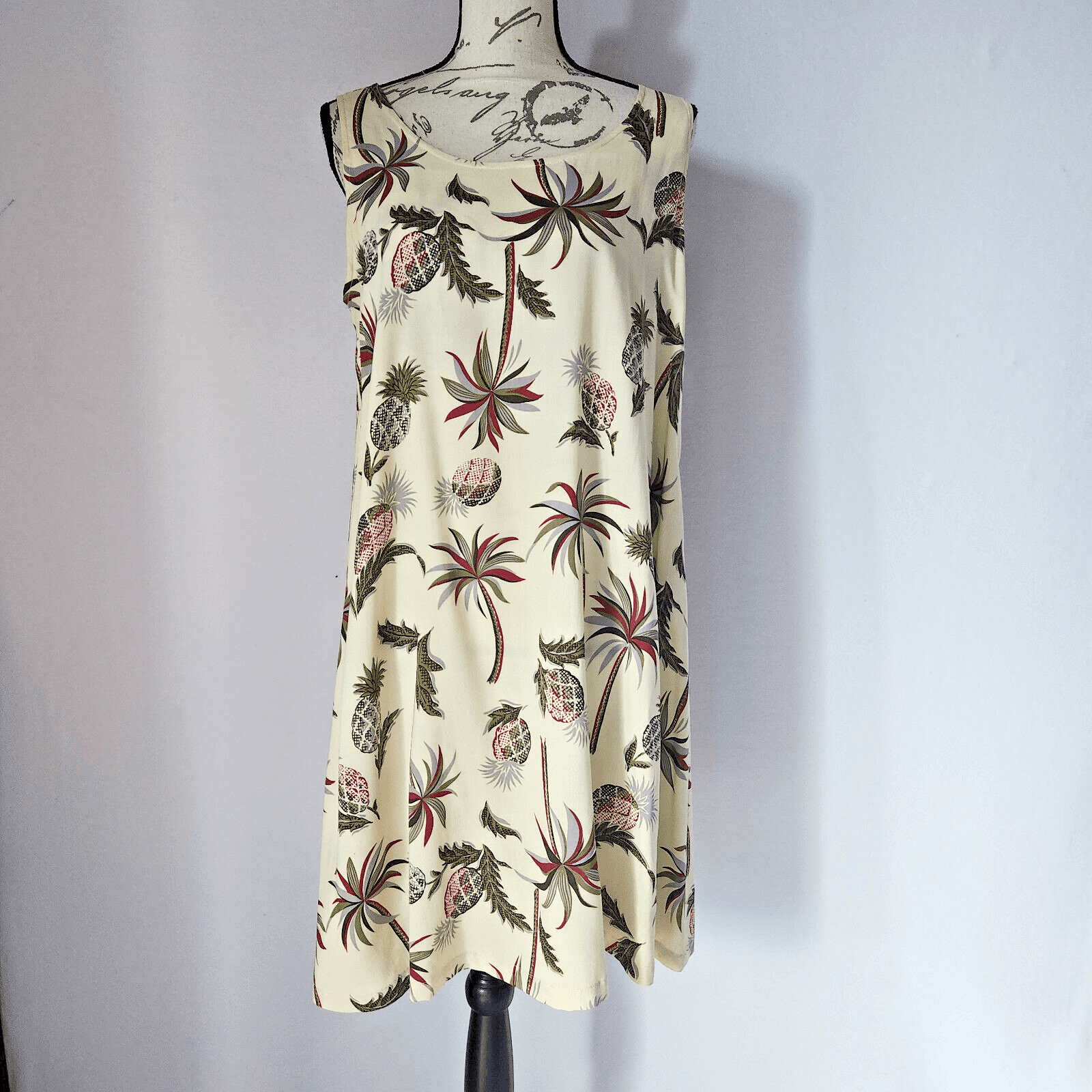 Vintage Reyn Spooner Hawaii Pineapple Palm Tree Shift Dress Sleeveless Cream M - Thumbnail 2