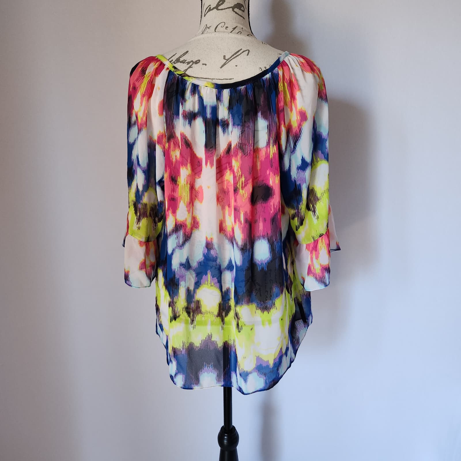 MILLY Sashgu Bogainvilles Ikat Chiffon Bell Sleeve Top Tassel Multicolor Women L - Thumbnail 7