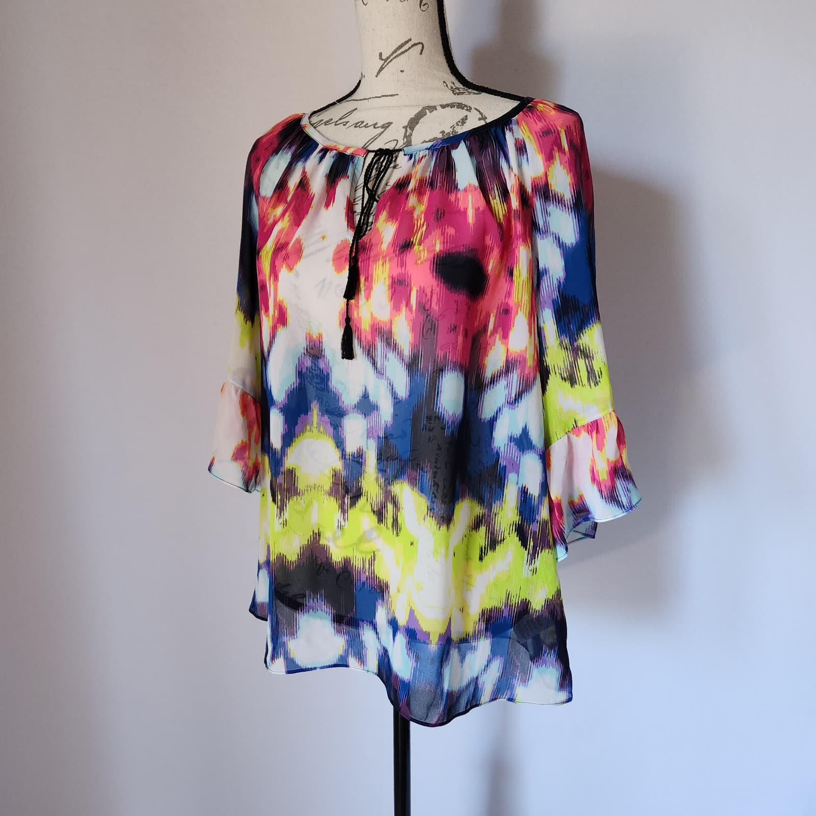 MILLY Sashgu Bogainvilles Ikat Chiffon Bell Sleeve Top Tassel Multicolor Women L - Thumbnail 6