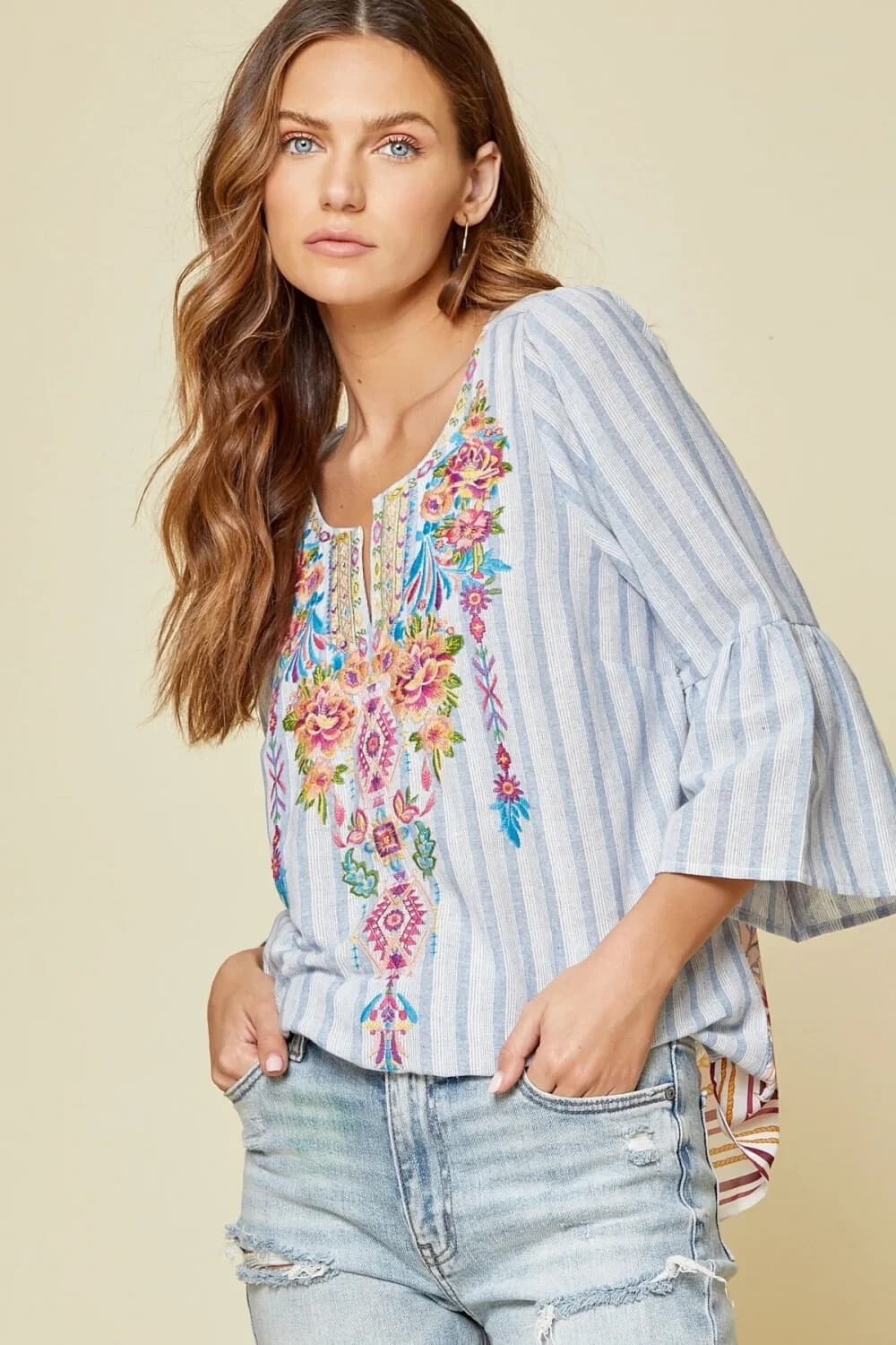 EUC Savanna Jane Embroidered Floral Stripe Popover Top 3/4 Bell Sleeve Blue Sz.S - Thumbnail 4