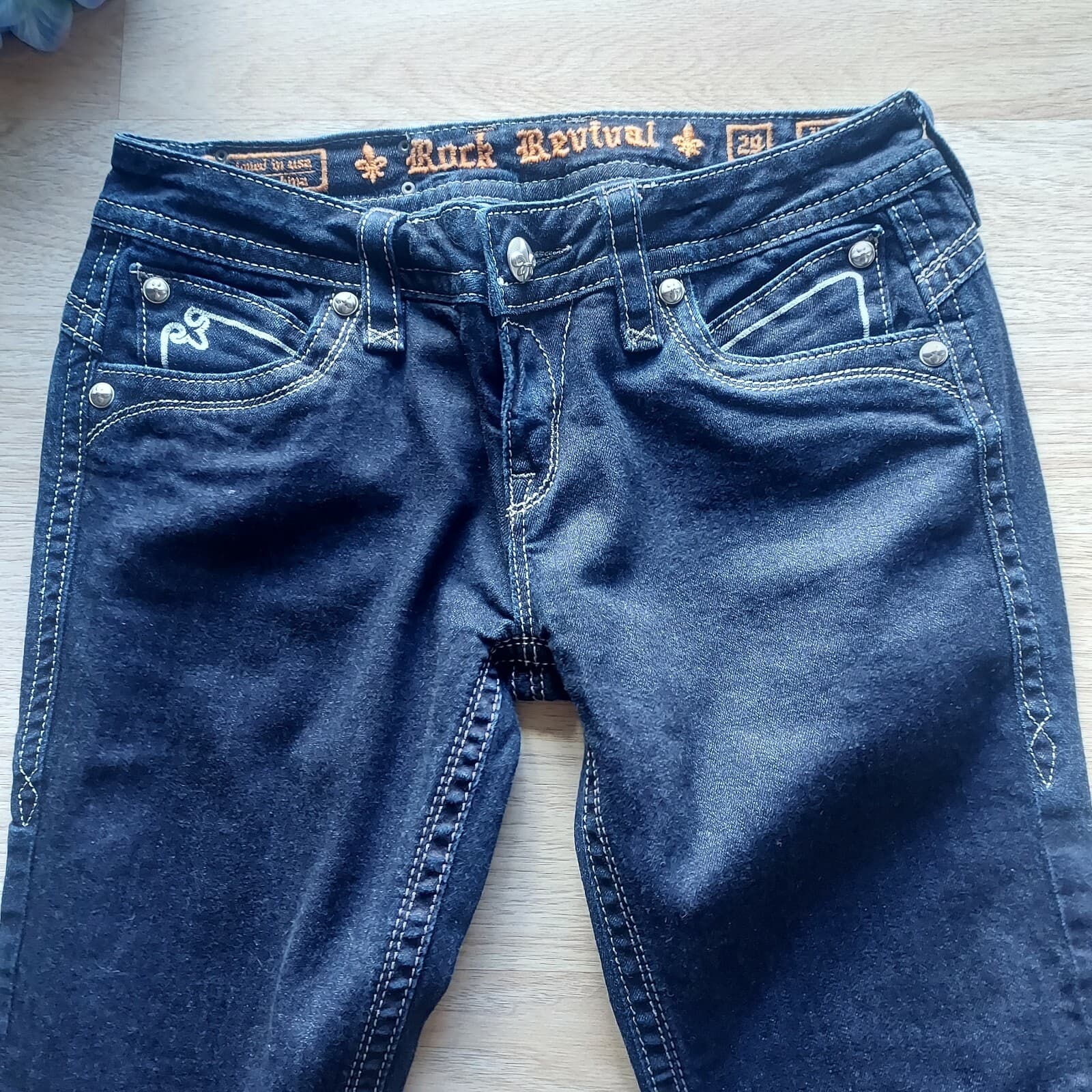 Rock Revival Heather Easy Straight Embellished Crop Jeans Raw Hem Blue Women 29 - Thumbnail 5