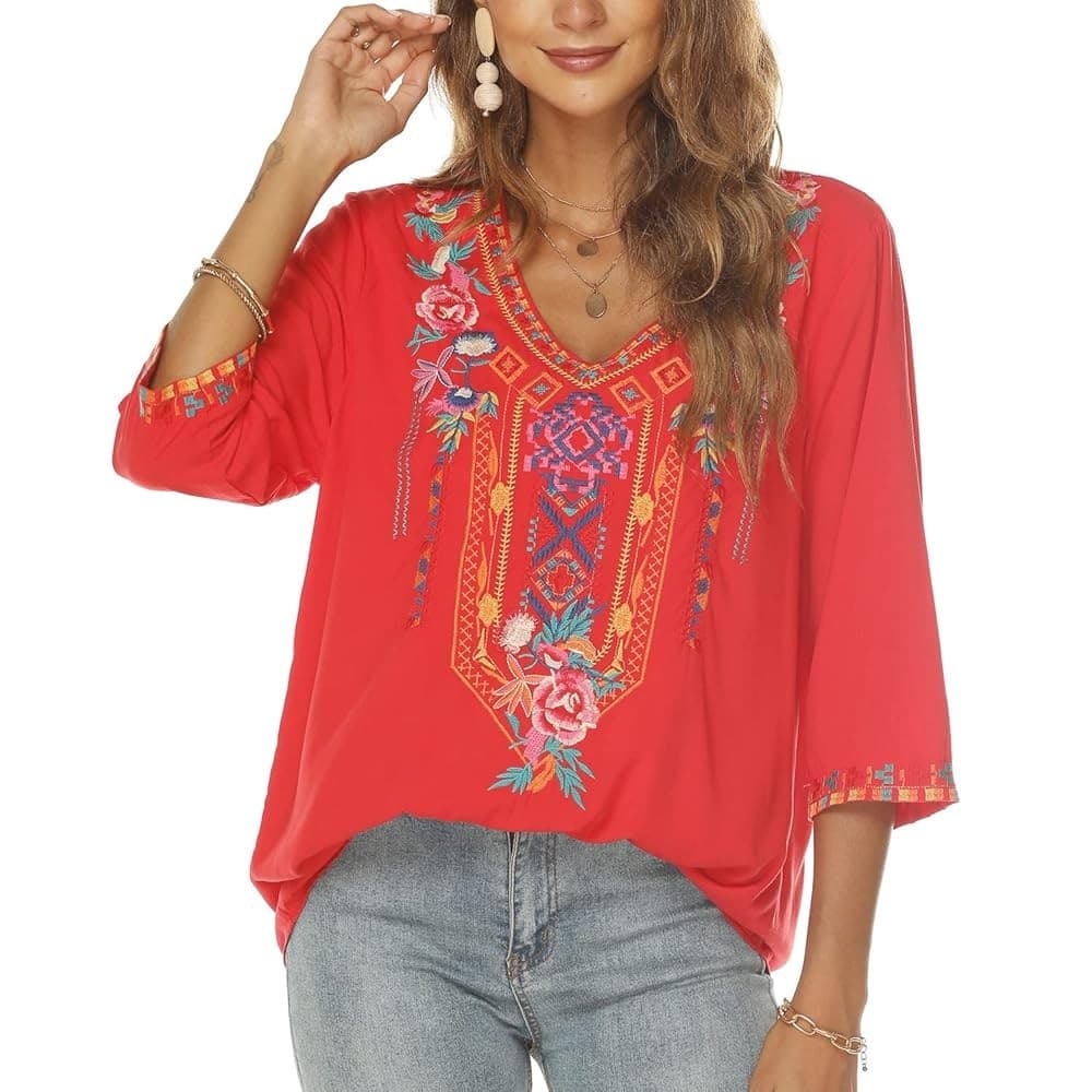 NWT KOMILI Embroidered Bohemian Tunic Blouse Short Sleeve V-Neck Cotton Red Sz.L - Thumbnail 2