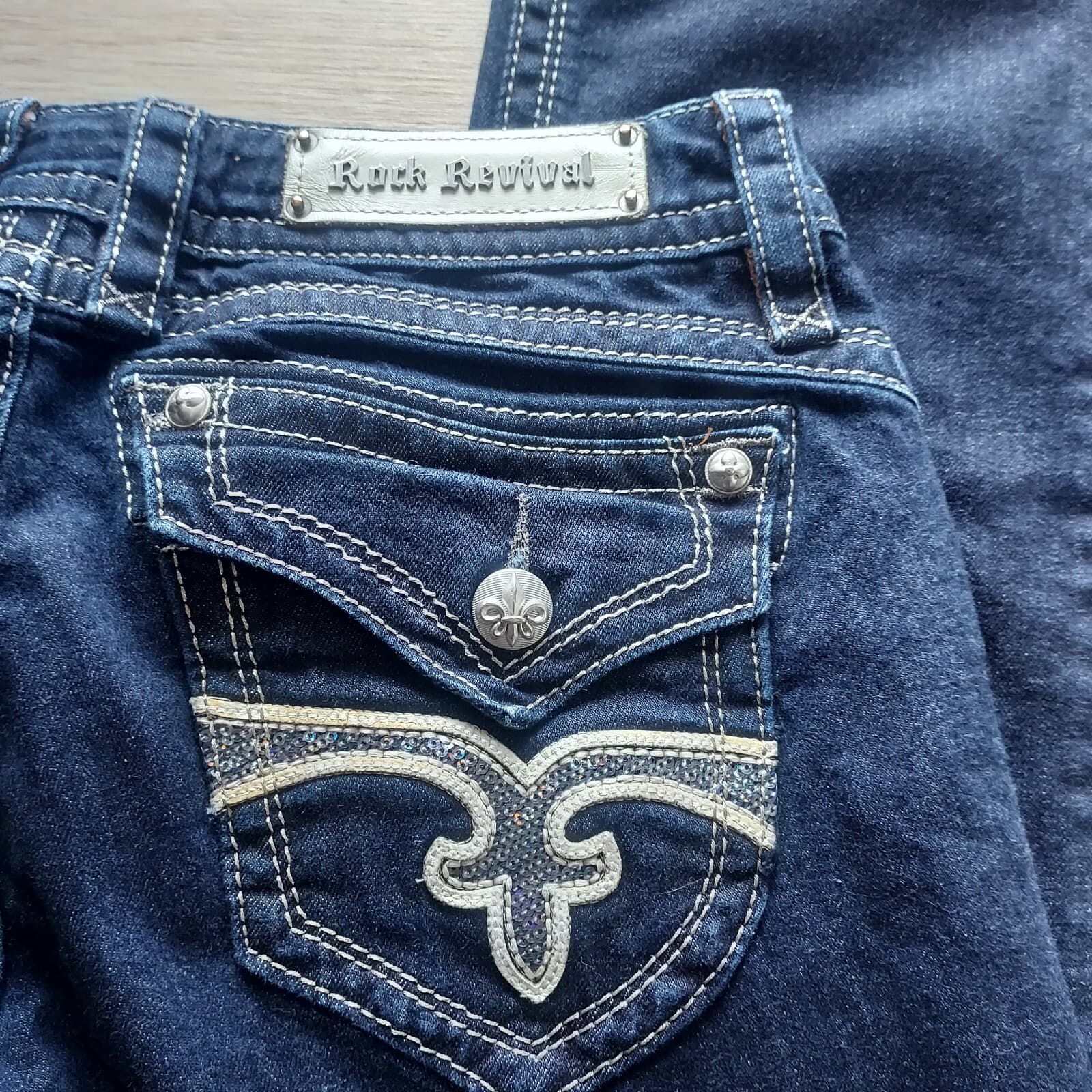 Rock Revival Heather Easy Straight Embellished Crop Jeans Raw Hem Blue Women 29 - Thumbnail 4
