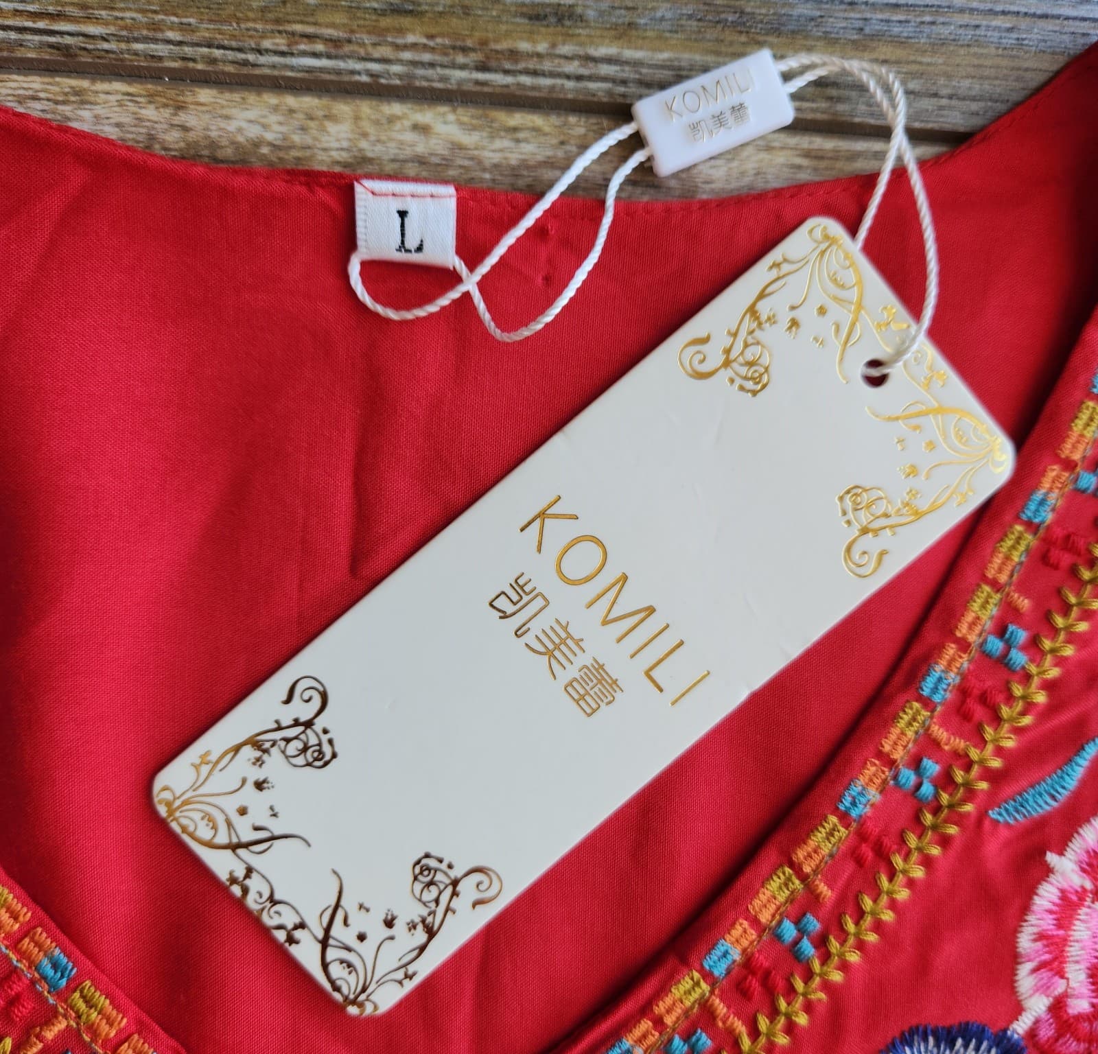 NWT KOMILI Embroidered Bohemian Tunic Blouse Short Sleeve V-Neck Cotton Red Sz.L - Thumbnail 7
