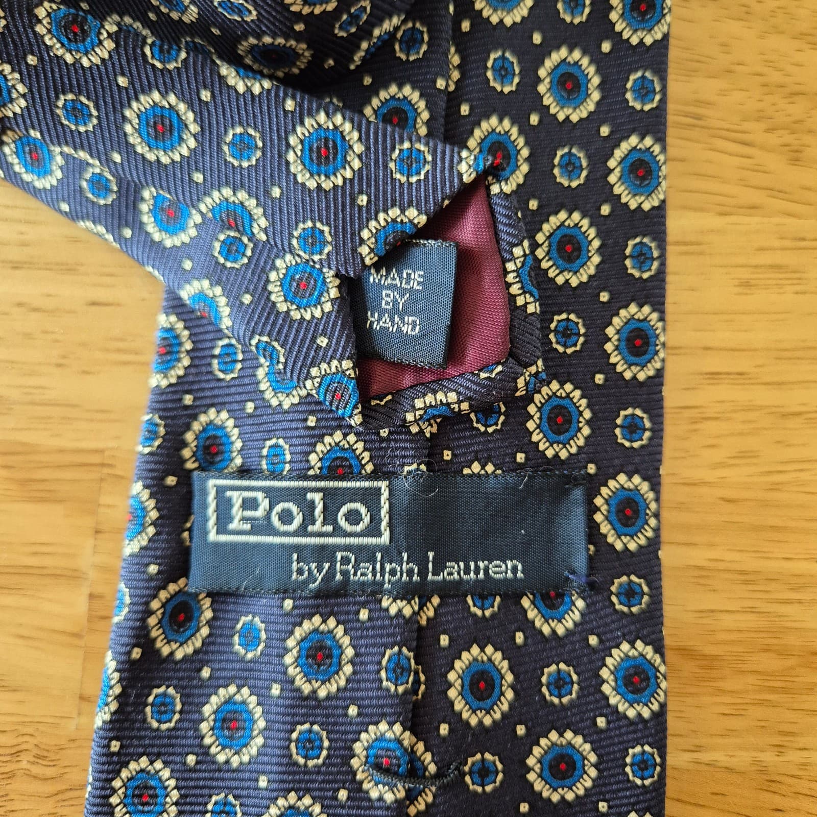 Vintage Polo By Ralph Lauren Hand Made in USA 100% Silk Medallion Neck-Tie Navy - Thumbnail 4