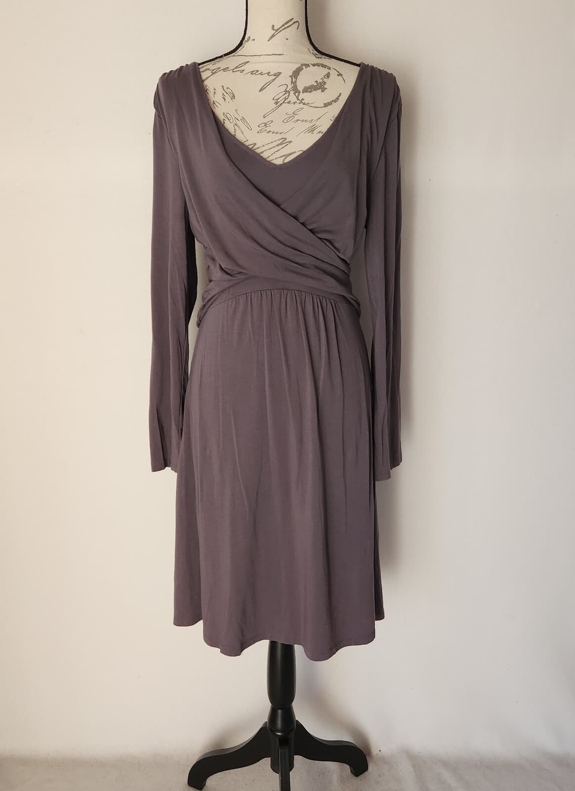 Garnet Hill Surplice Wrap Midi Dress Tie-Back Long Sleeve Knit Grey Women's L - Thumbnail 2