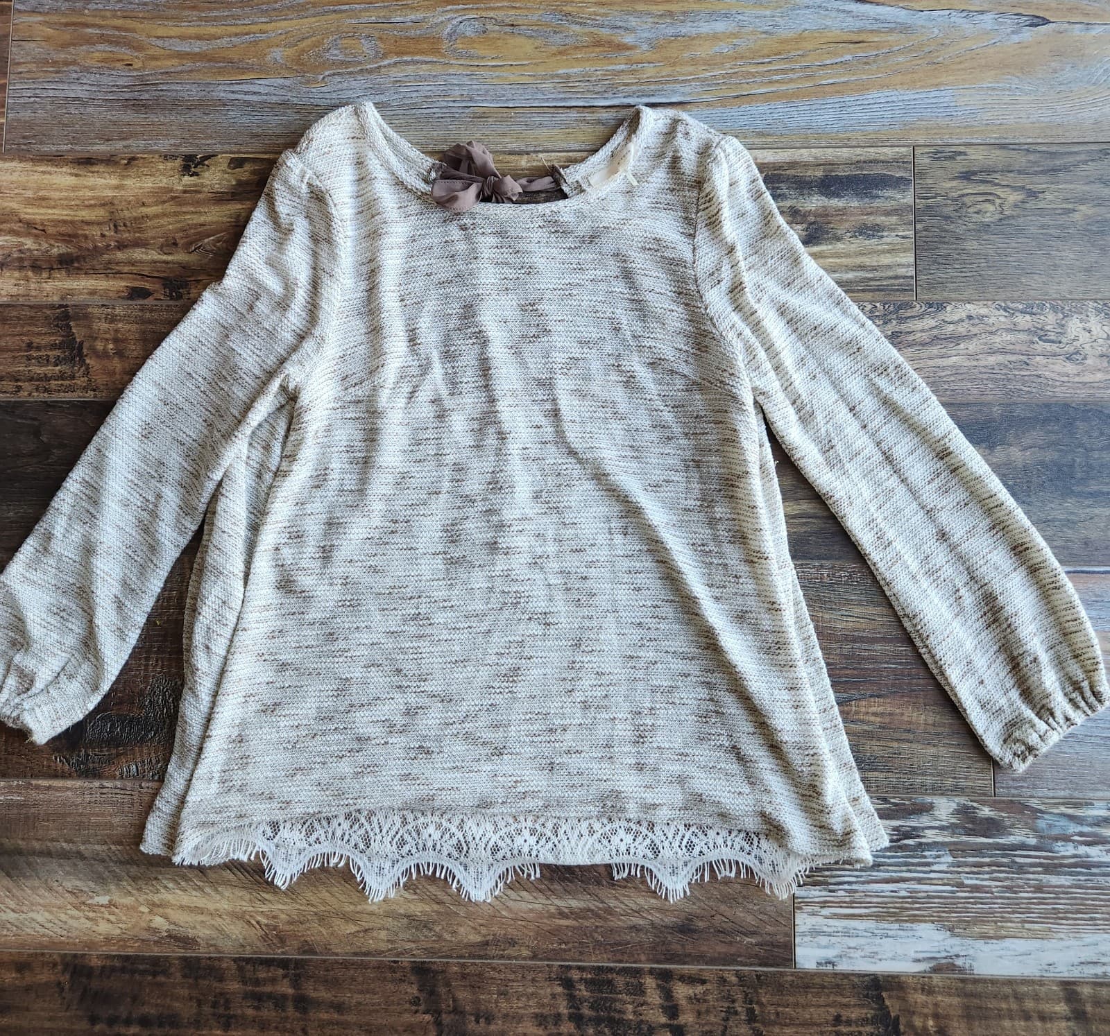 a'reve Knit Lace Tie-Back Tunic Top Long Sleeve Gold Metallic Beige Brown Sz.M - Thumbnail 7