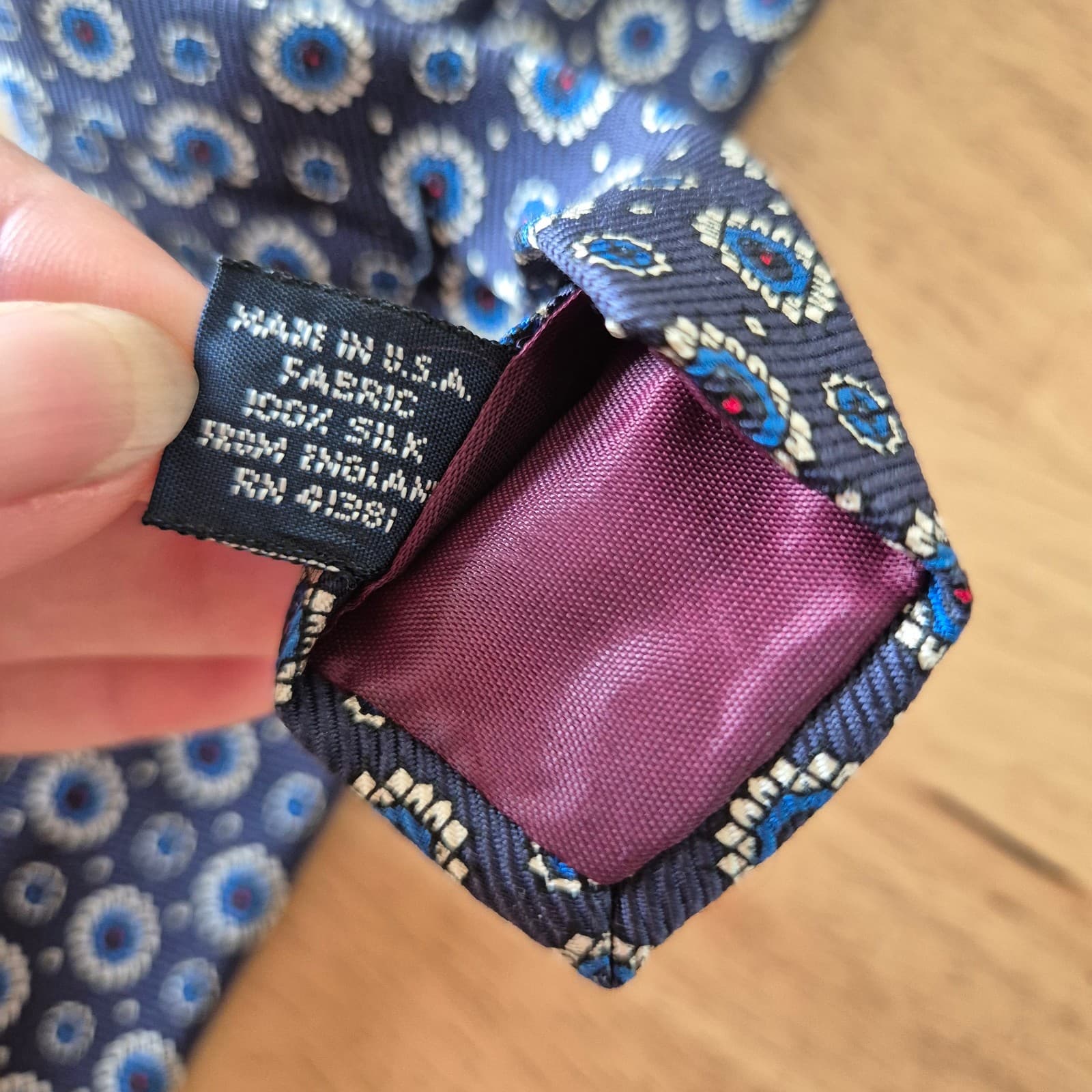 Vintage Polo By Ralph Lauren Hand Made in USA 100% Silk Medallion Neck-Tie Navy - Thumbnail 5