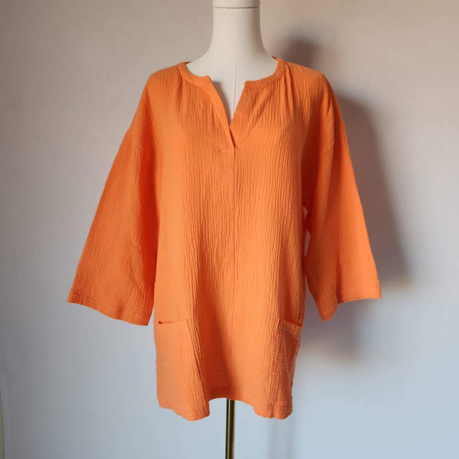 NWoT Soft Surroundings Araze Gauze Popover Top 3/4 Sleeve Pocket Cotton Orange L