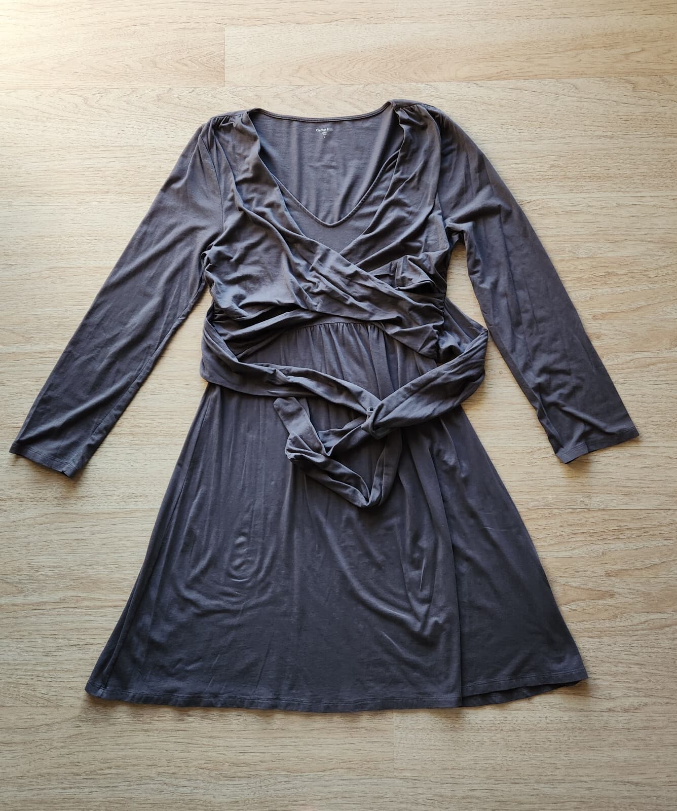 Garnet Hill Surplice Wrap Midi Dress Tie-Back Long Sleeve Knit Grey Women's L - Thumbnail 4
