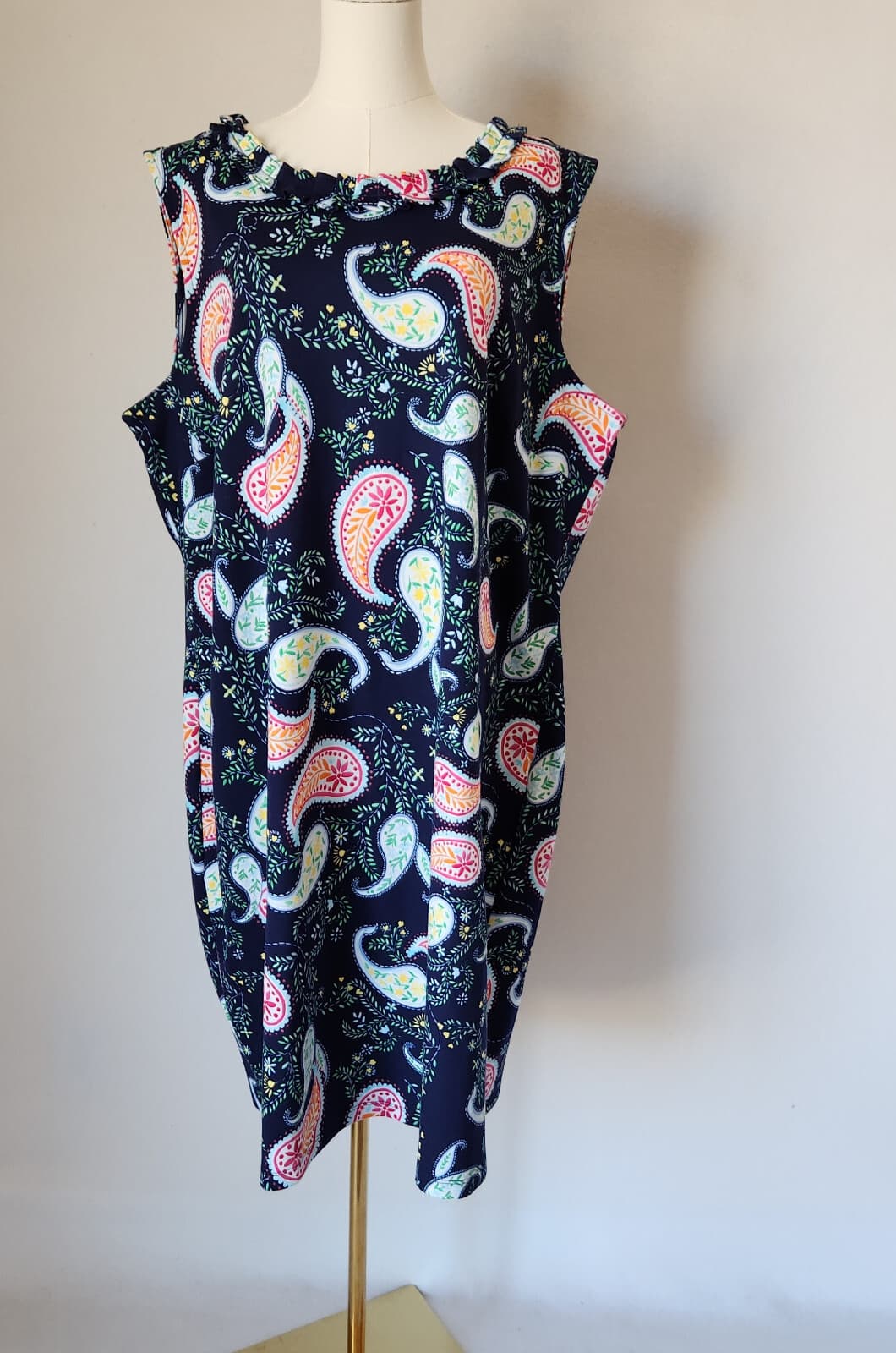 Talbots Pleat-Neck Paisley Tunic Shift Dress Sleeveless Cotton Knit Blue Sz.3X - Thumbnail 3