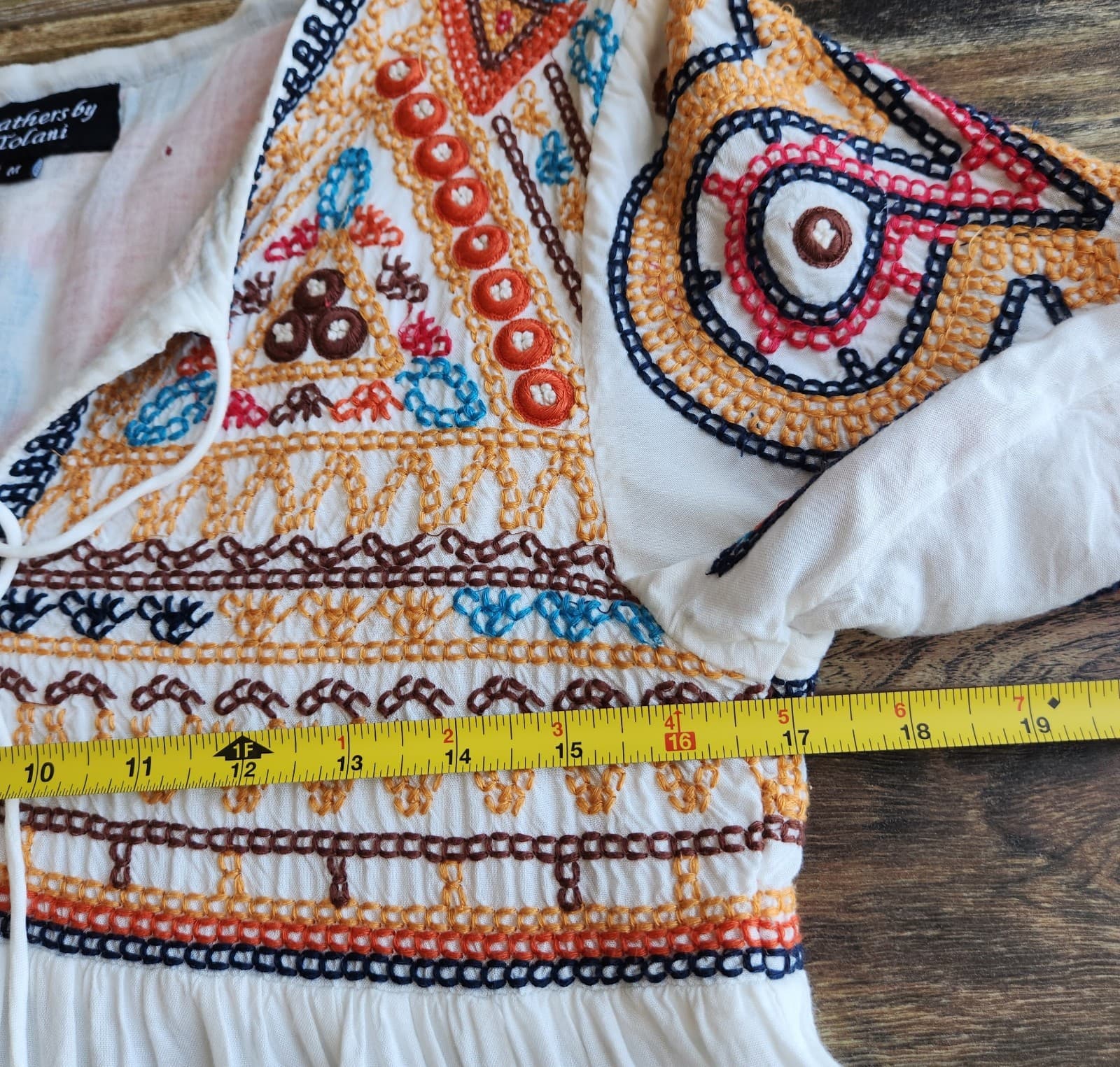 Feathers by Tolani Mara Embroidered Boho Blouse Tassel Bell-Sleeve White Sz.M - Thumbnail 11