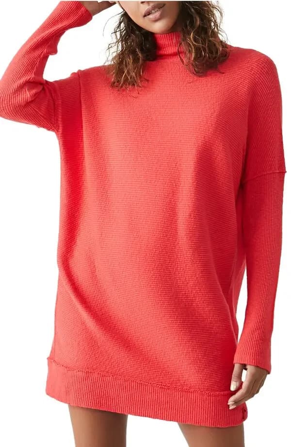 We The Free Casey Rib Knit Oversize Sweater Mock Neck Long Sleeve Fiery Red XS - Thumbnail 2