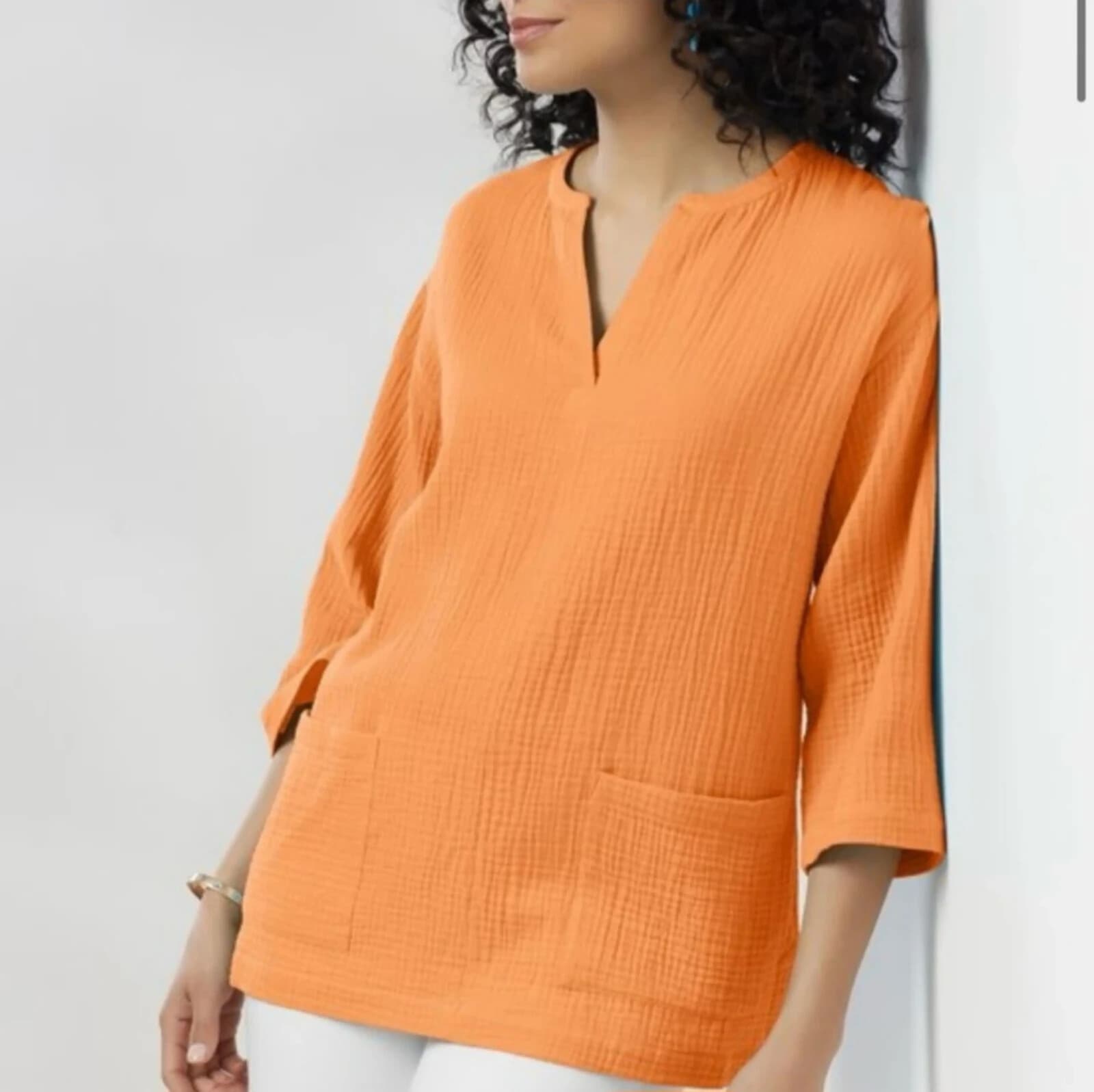 NWoT Soft Surroundings Araze Gauze Popover Top 3/4 Sleeve Pocket Cotton Orange L - Thumbnail 2