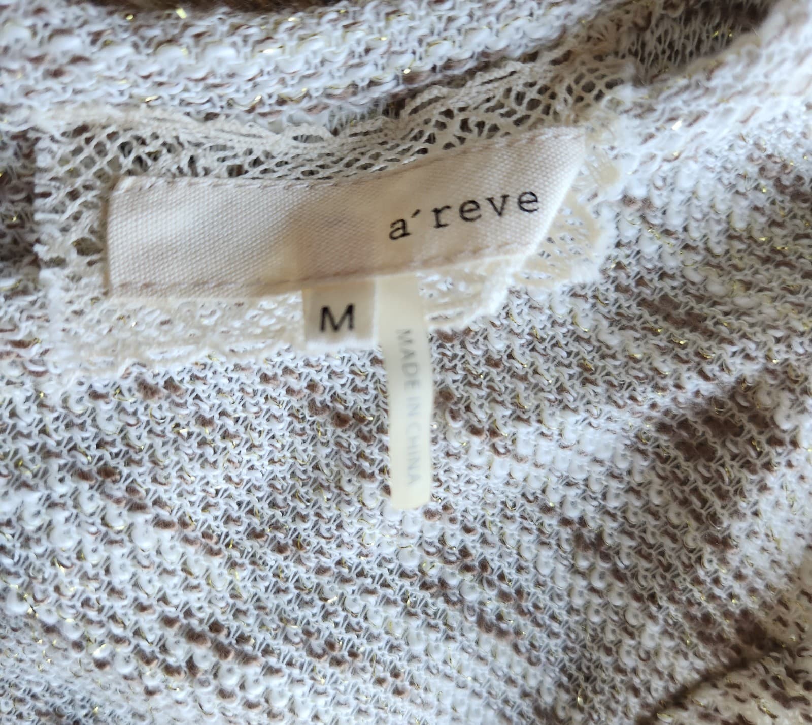 a'reve Knit Lace Tie-Back Tunic Top Long Sleeve Gold Metallic Beige Brown Sz.M - Thumbnail 8