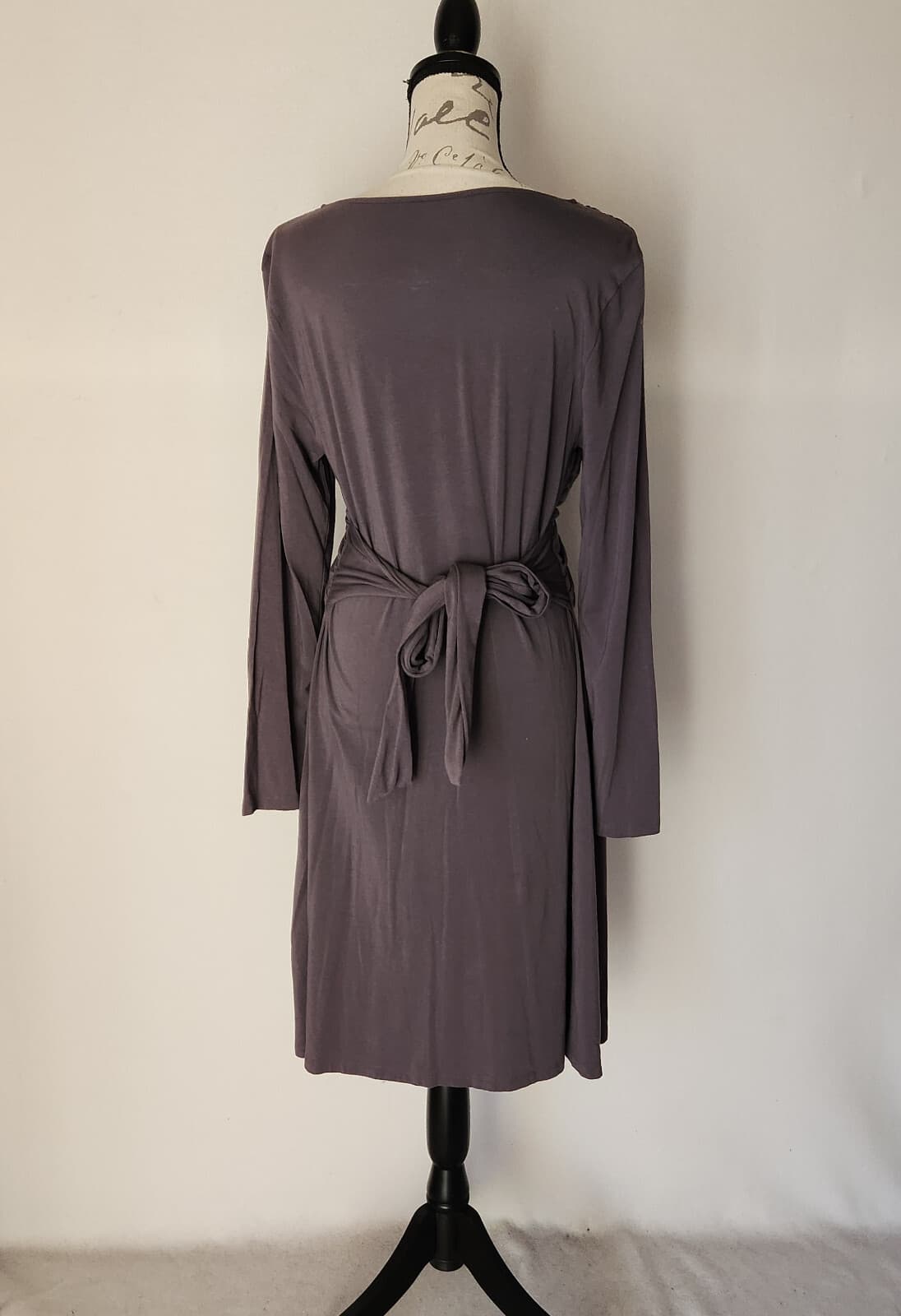 Garnet Hill Surplice Wrap Midi Dress Tie-Back Long Sleeve Knit Grey Women's L - Thumbnail 3