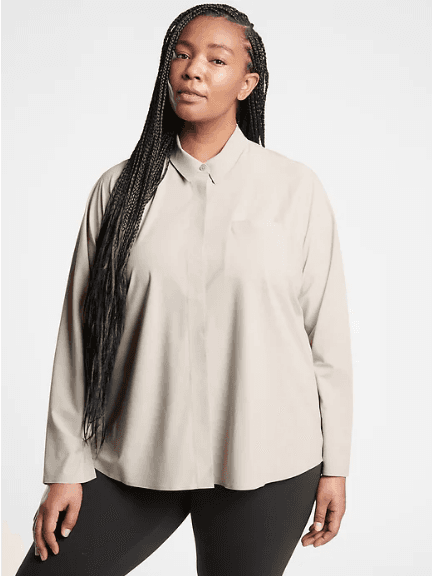 Athleta Urbanite Button-Up Wrinkle-Resistant Shirt Long Sleeve Pocket Beige Sz.M - Thumbnail 4