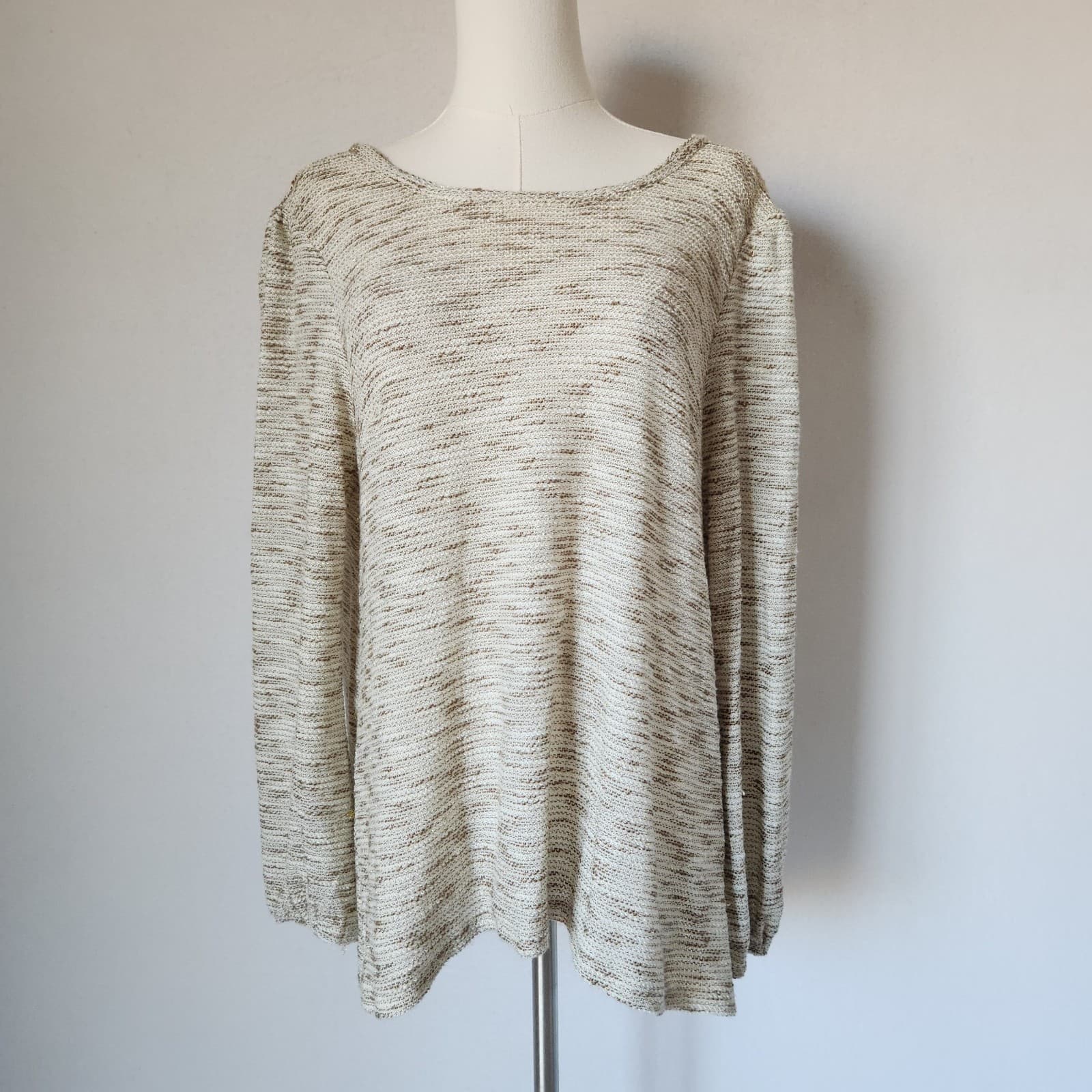 a'reve Knit Lace Tie-Back Tunic Top Long Sleeve Gold Metallic Beige Brown Sz.M - Thumbnail 2