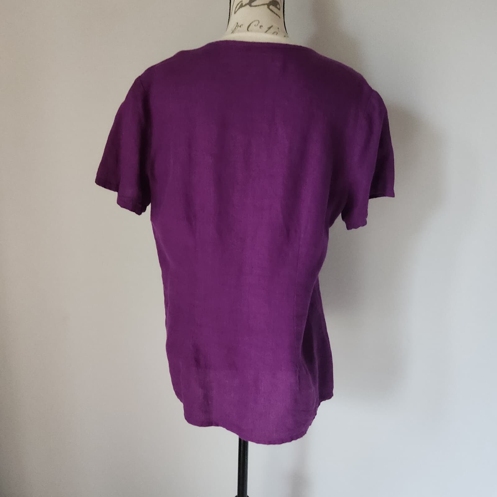 FLAX 100%Linen Button-Front Top Slim Fit V-Neck Short Sleeve Purple Bust 42" (L) - Thumbnail 5